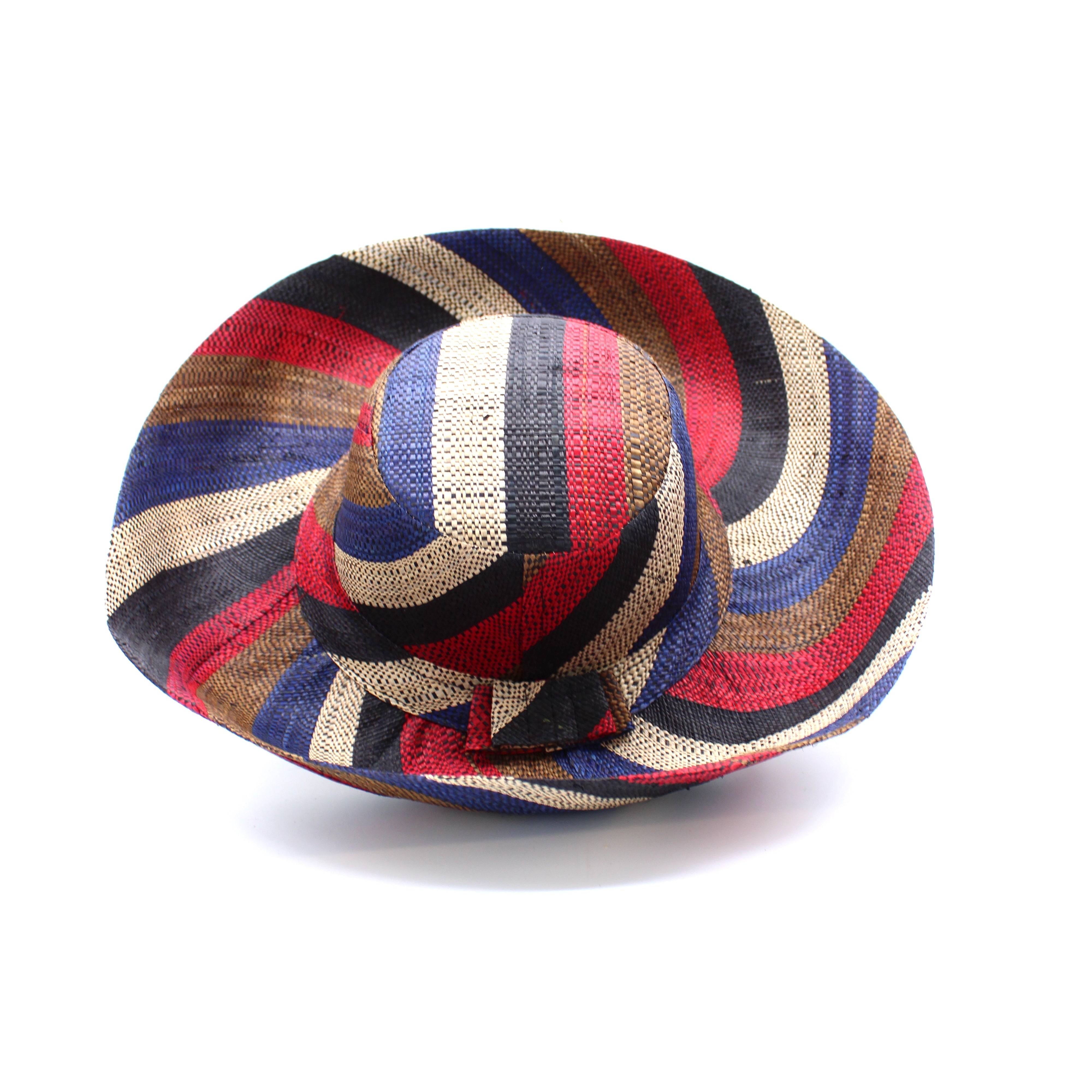 Monica 5" & 7" Wide Brim Dark & Moody Multicolor Stripes Packable Straw Sun Hat handmade loomed raffia in bands of natural, navy blue, red, black, and cinnamon/tobacco/brown stripes create a swirl pattern - Shebobo