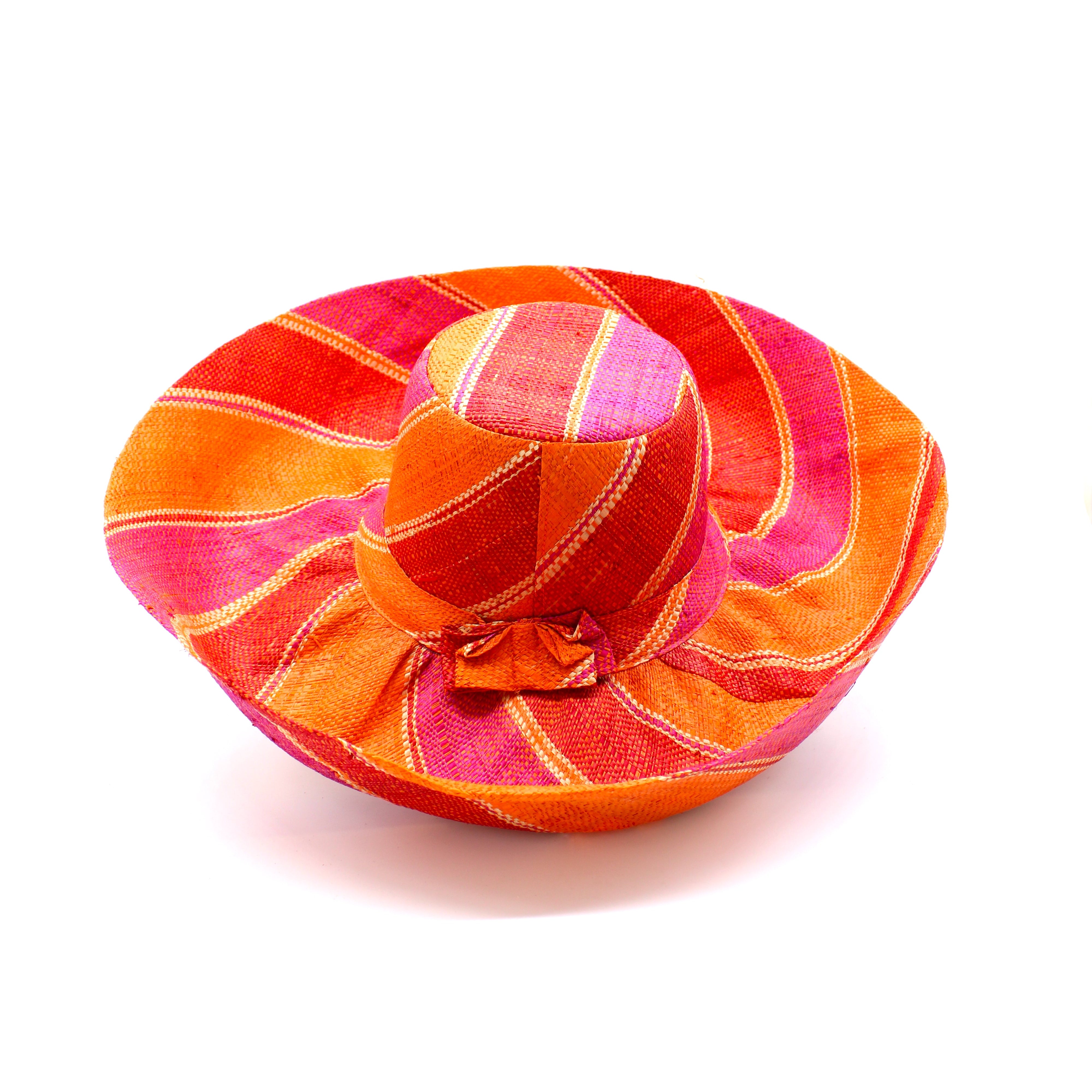 Monica 5" & 7" Wide Brim Fuchsia & Coral Swirl Multicolor Stripes Packable Straw Sun Hat Handmade loomed raffia in multi width bands of fuchsia pink, coral orange, red, and natural straw color create a swirl pattern - Shebobo