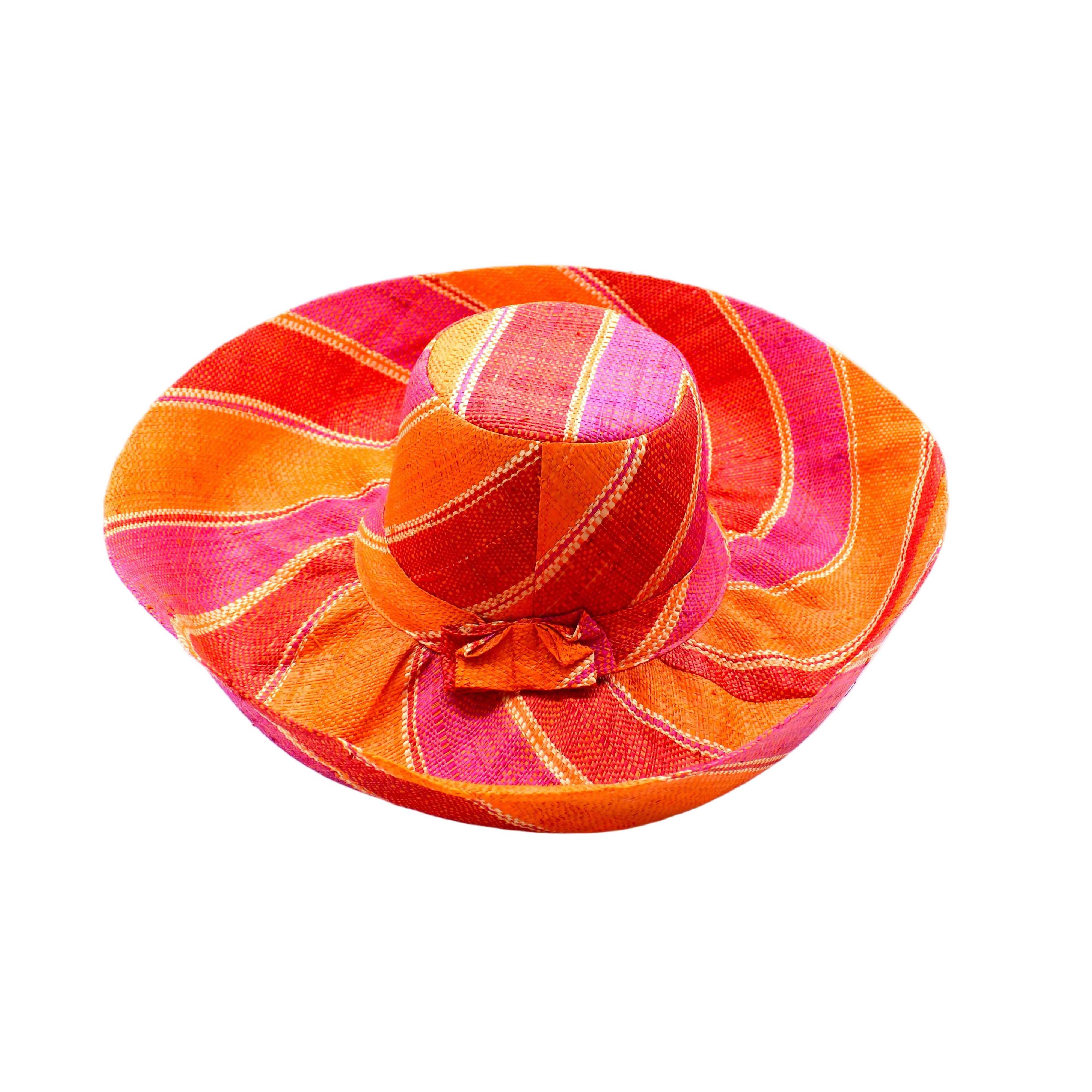 Monica 5" & 7" Wide Brim Fuchsia & Coral Swirl Multicolor Stripes Packable Straw Sun Hat Handmade loomed raffia in multi width bands of fuchsia pink, coral orange, red, and natural straw color create a swirl pattern - Shebobo