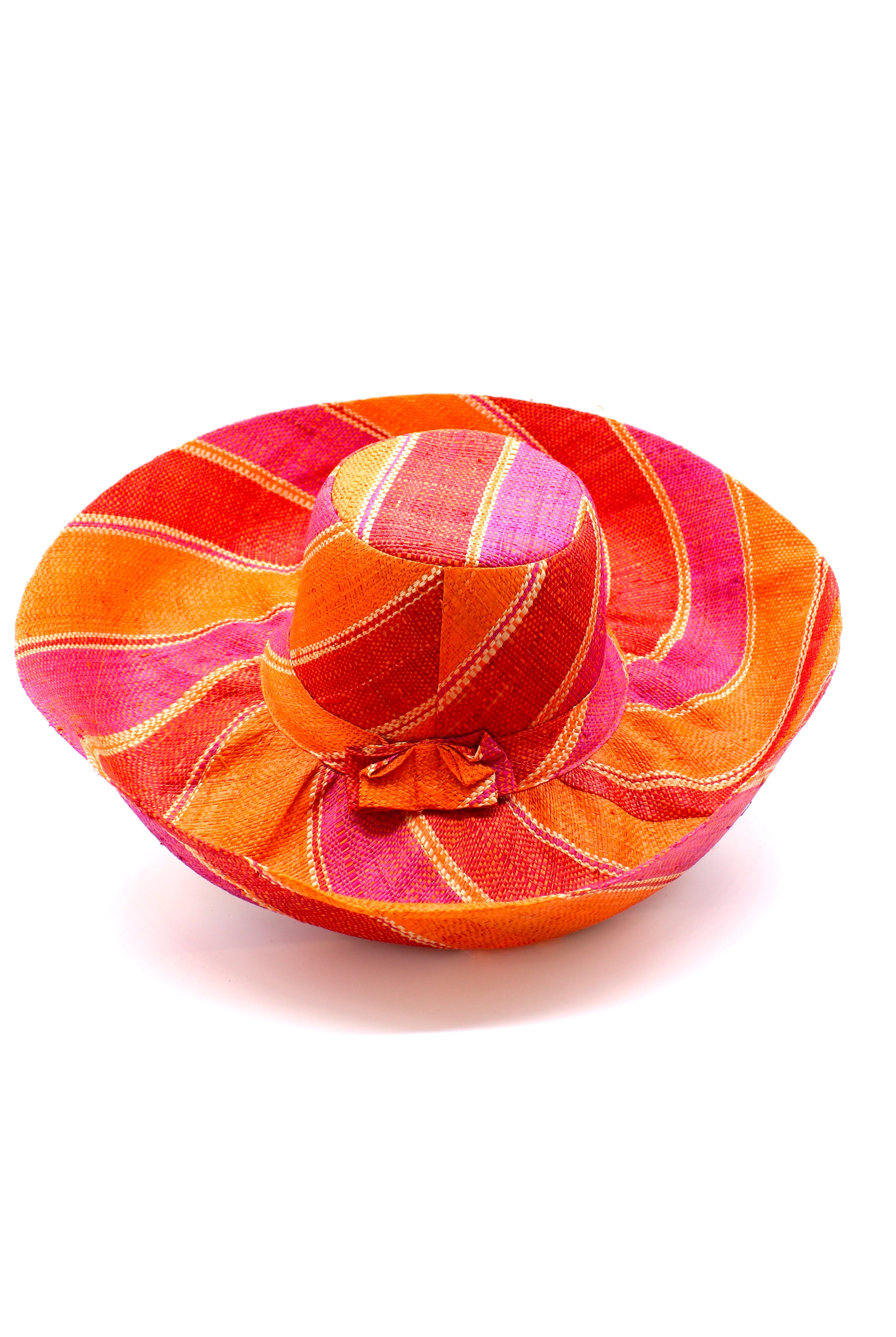 Monica 5" & 7" Wide Brim Fuchsia & Coral Swirl Multicolor Stripes Packable Straw Sun Hat Handmade loomed raffia in multi width bands of fuchsia pink, coral orange, red, and natural straw color create a swirl pattern - Shebobo