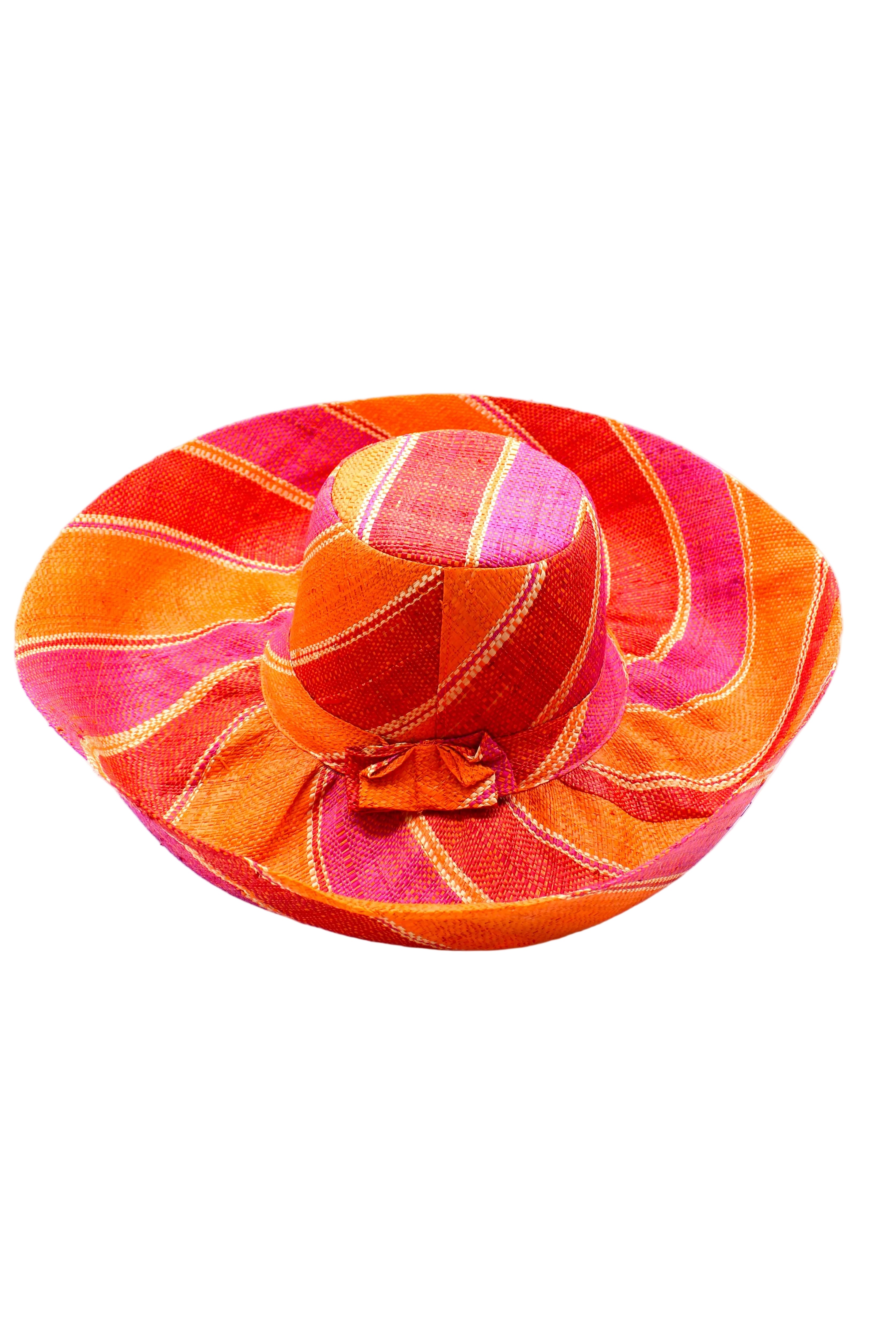 Monica 5" & 7" Wide Brim Fuchsia & Coral Swirl Multicolor Stripes Packable Straw Sun Hat Handmade loomed raffia in multi width bands of fuchsia pink, coral orange, red, and natural straw color create a swirl pattern - Shebobo