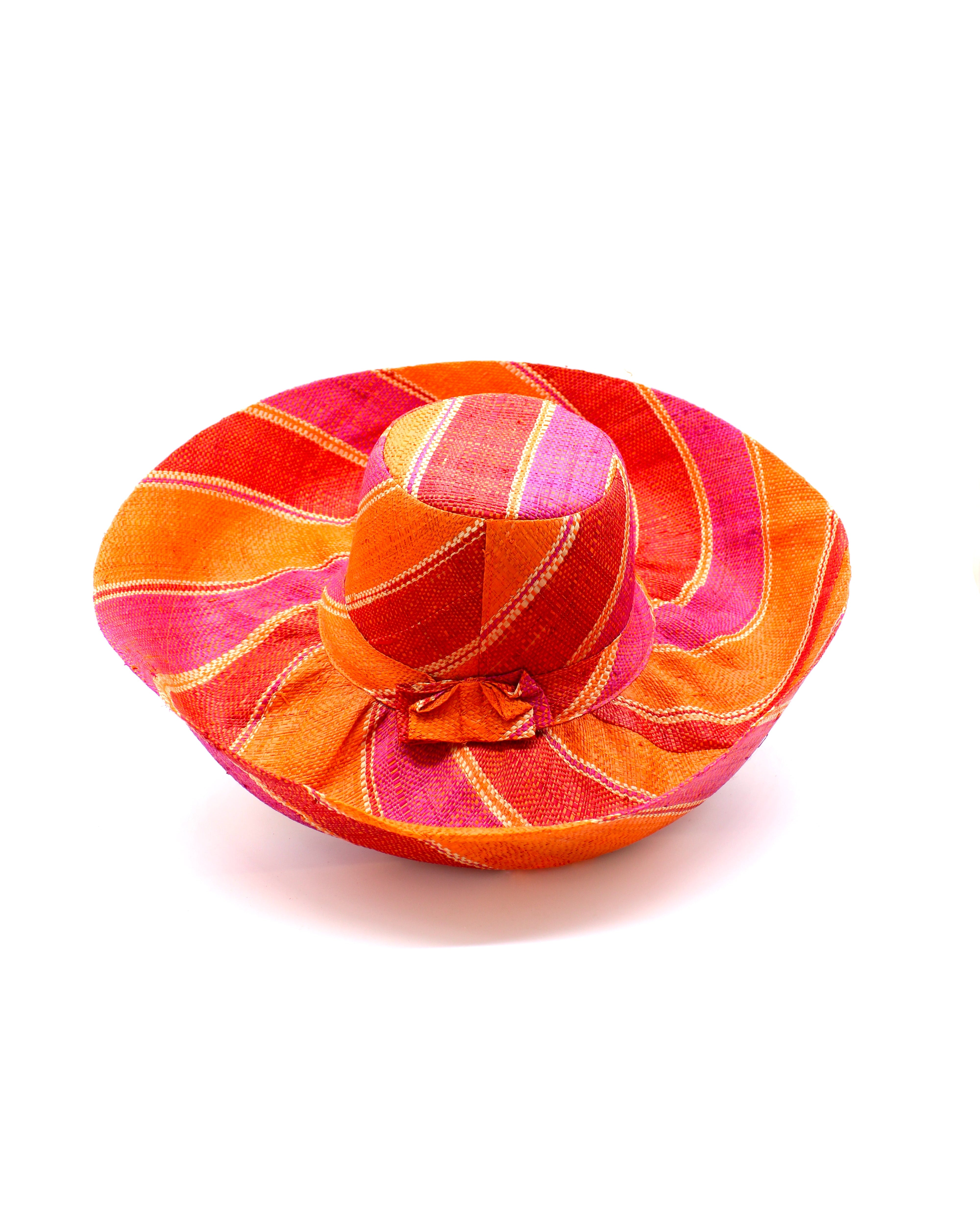 Monica 5" & 7" Wide Brim Fuchsia & Coral Swirl Multicolor Stripes Packable Straw Sun Hat Handmade loomed raffia in multi width bands of fuchsia pink, coral orange, red, and natural straw color create a swirl pattern - Shebobo