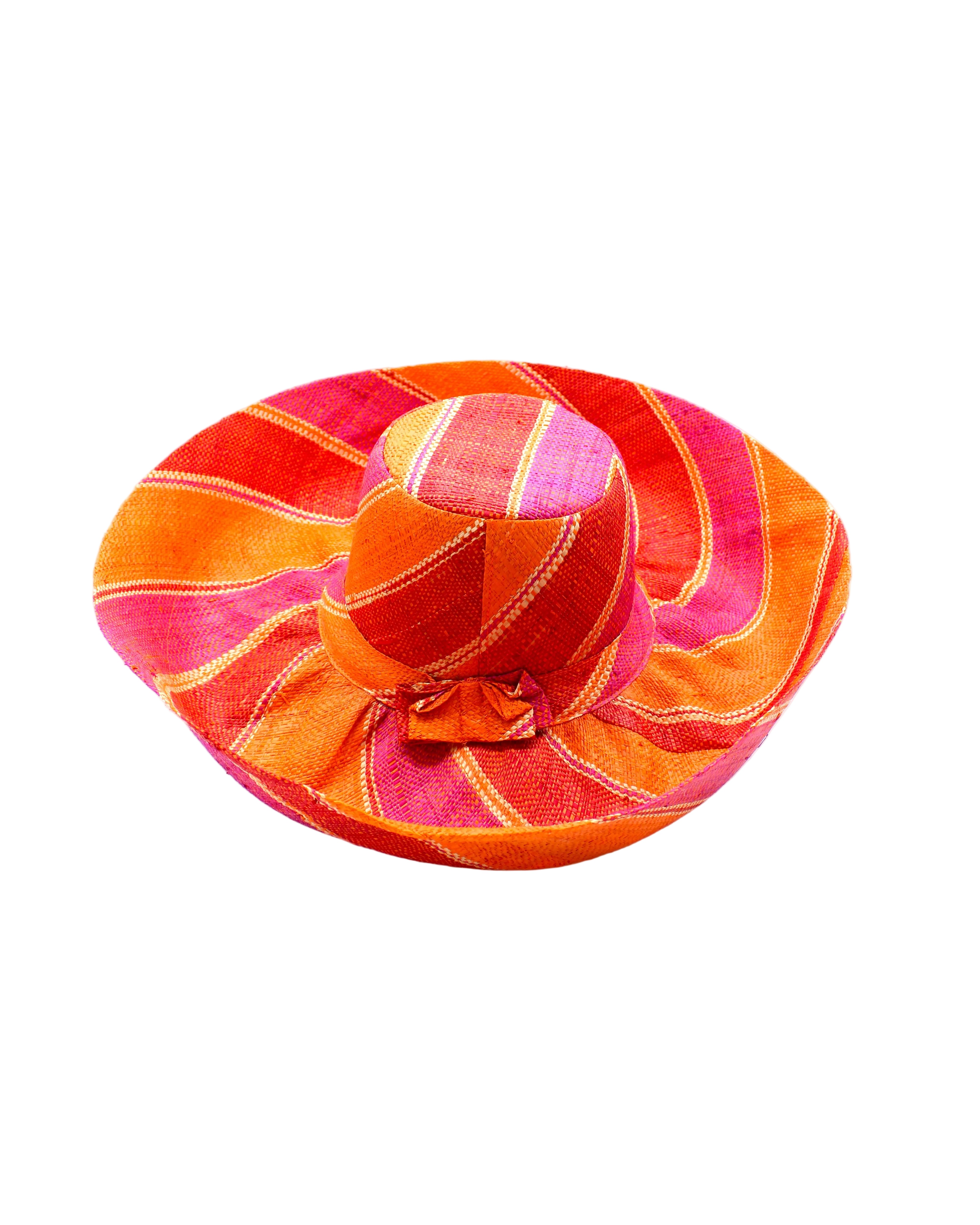 Monica 5" & 7" Wide Brim Fuchsia & Coral Swirl Multicolor Stripes Packable Straw Sun Hat Handmade loomed raffia in multi width bands of fuchsia pink, coral orange, red, and natural straw color create a swirl pattern - Shebobo