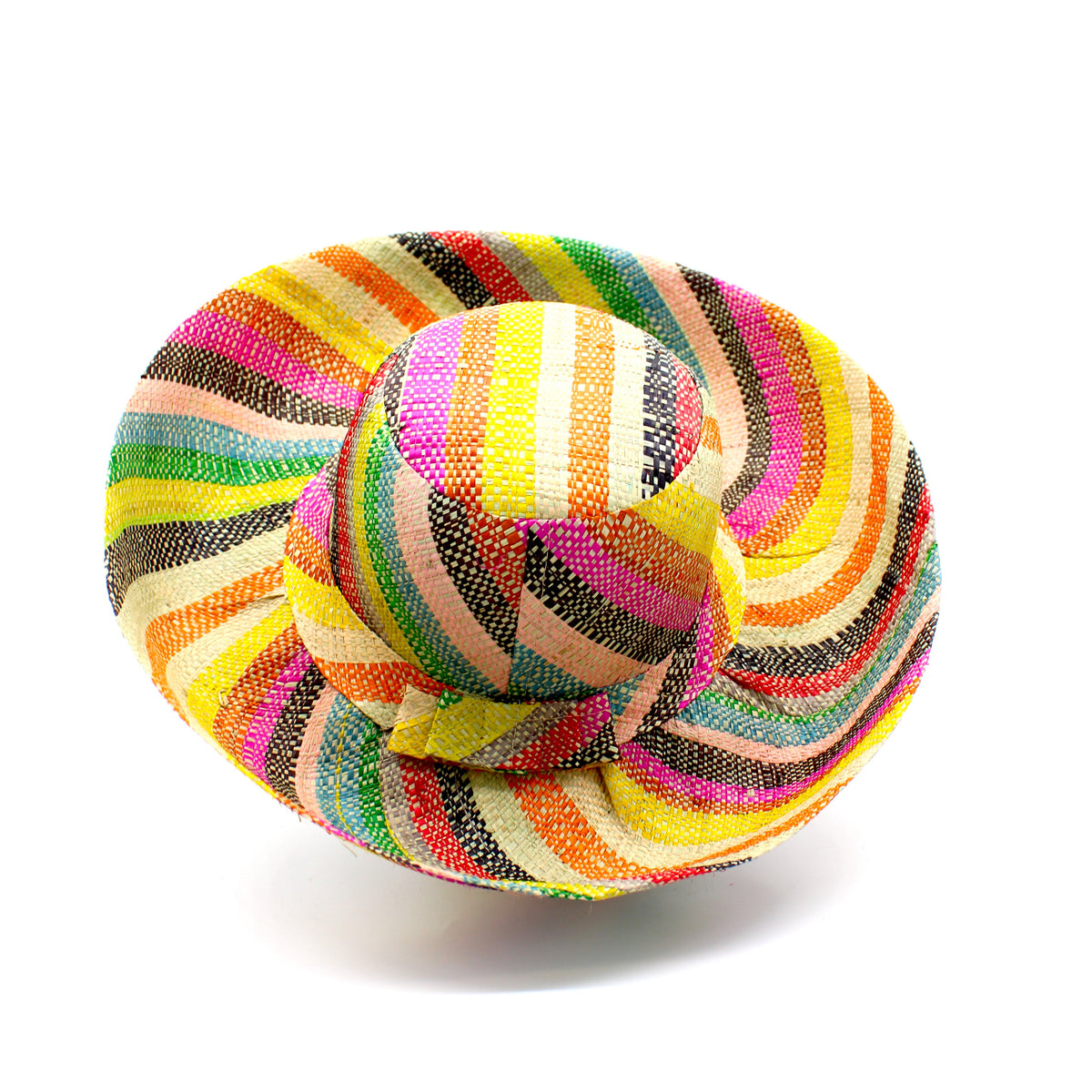 Monica 5" & 7" Wide Brim Lollipop Multicolor Stripes Packable Straw Sun Hat Handmade loomed raffia in multi width bands of saffron yellow, fuchsia pink, turquoise blue, black, grass green, seafoam blue/green, pink, yellow, orange, blue, red, whiskey brown, natural straw color, etc. create a swirl pattern - Shebobo