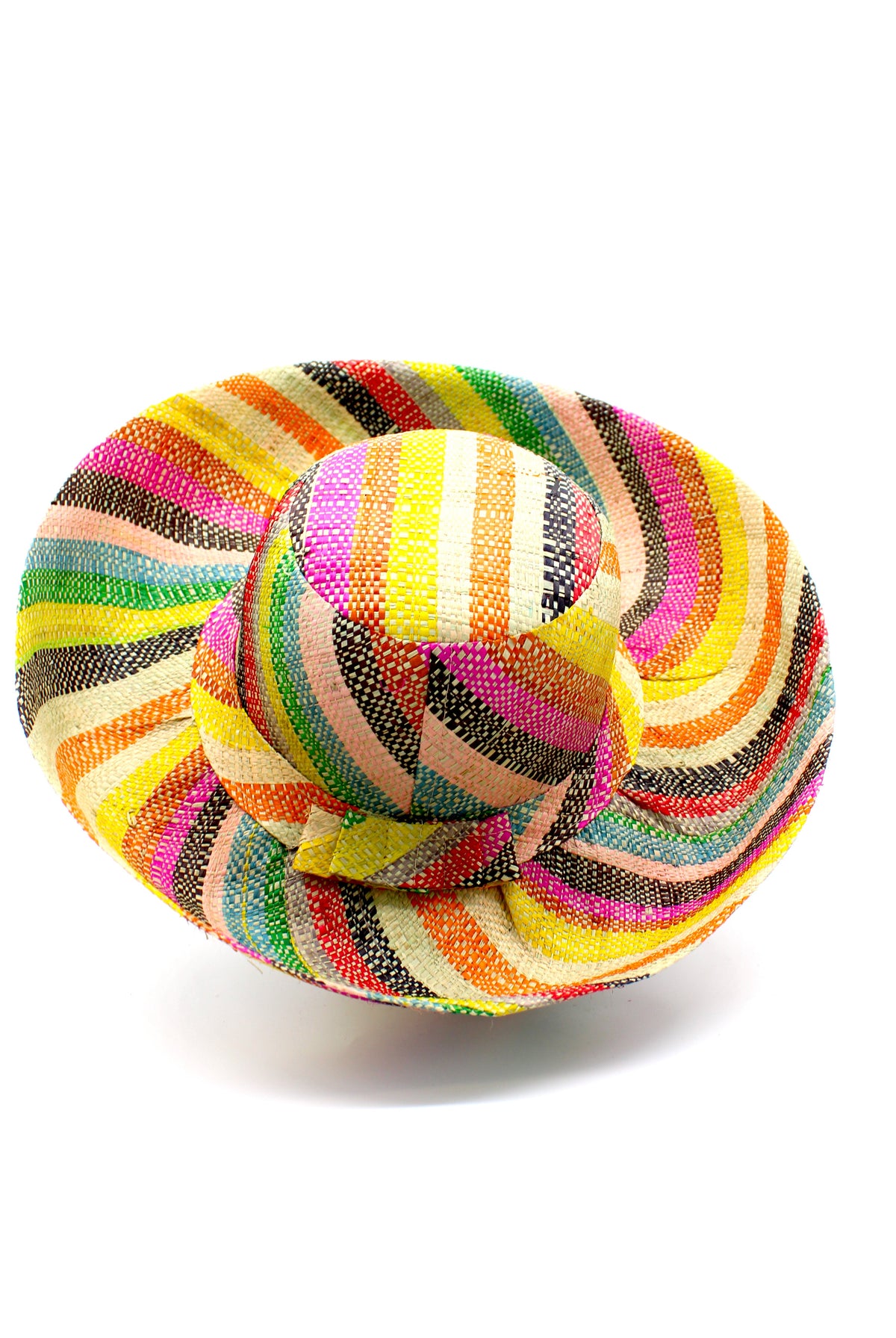 Monica 5" & 7" Wide Brim Lollipop Multicolor Stripes Packable Straw Sun Hat Handmade loomed raffia in multi width bands of saffron yellow, fuchsia pink, turquoise blue, black, grass green, seafoam blue/green, pink, yellow, orange, blue, red, whiskey brown, natural straw color, etc. create a swirl pattern - Shebobo