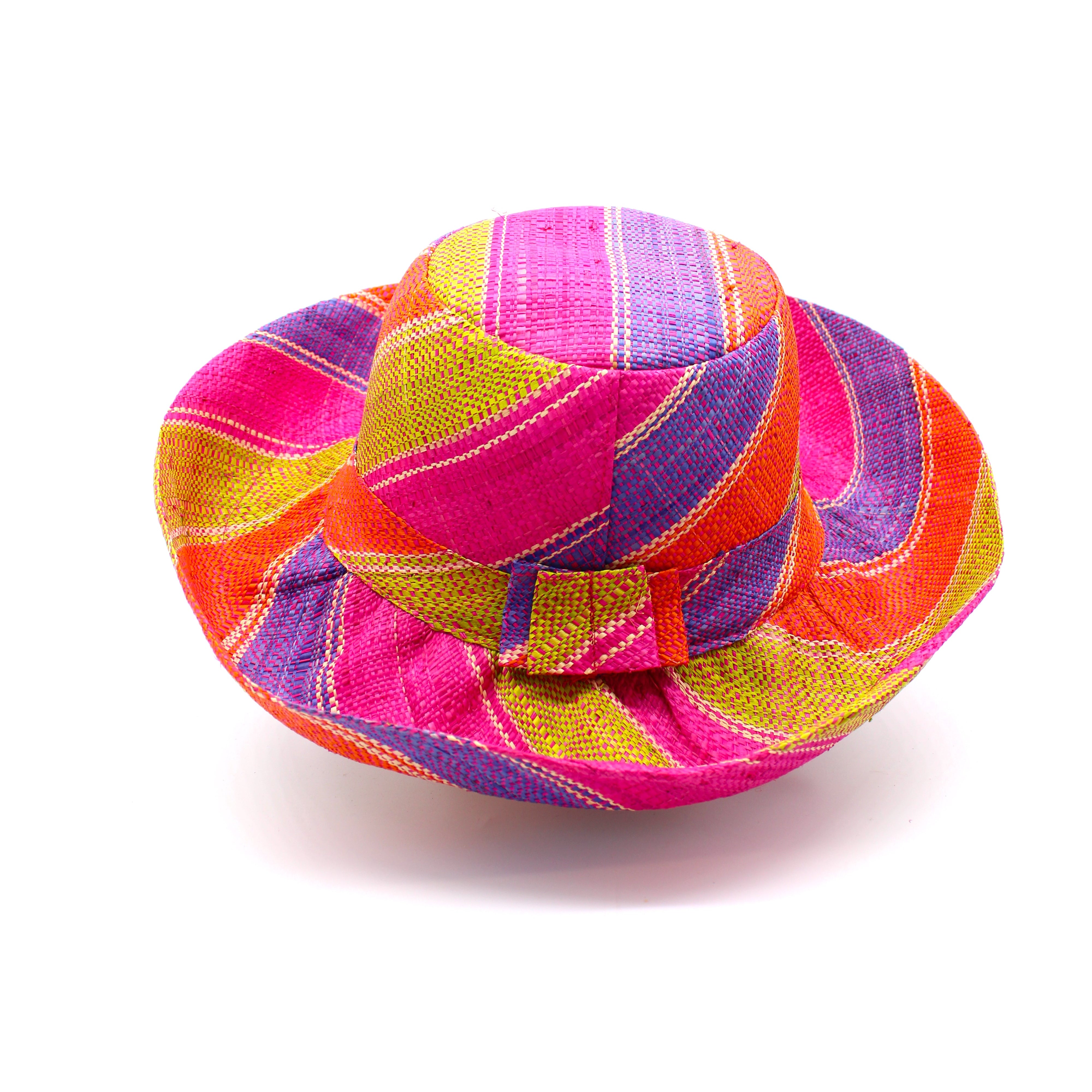 Monica 5" & 7" Wide Brim Midori Swirl Multicolor Stripes Packable Straw Sun Hat Handmade loomed raffia in multi width bands of orange, lime green, fuchsia pink, purple, etc. create a swirl pattern - Shebobo