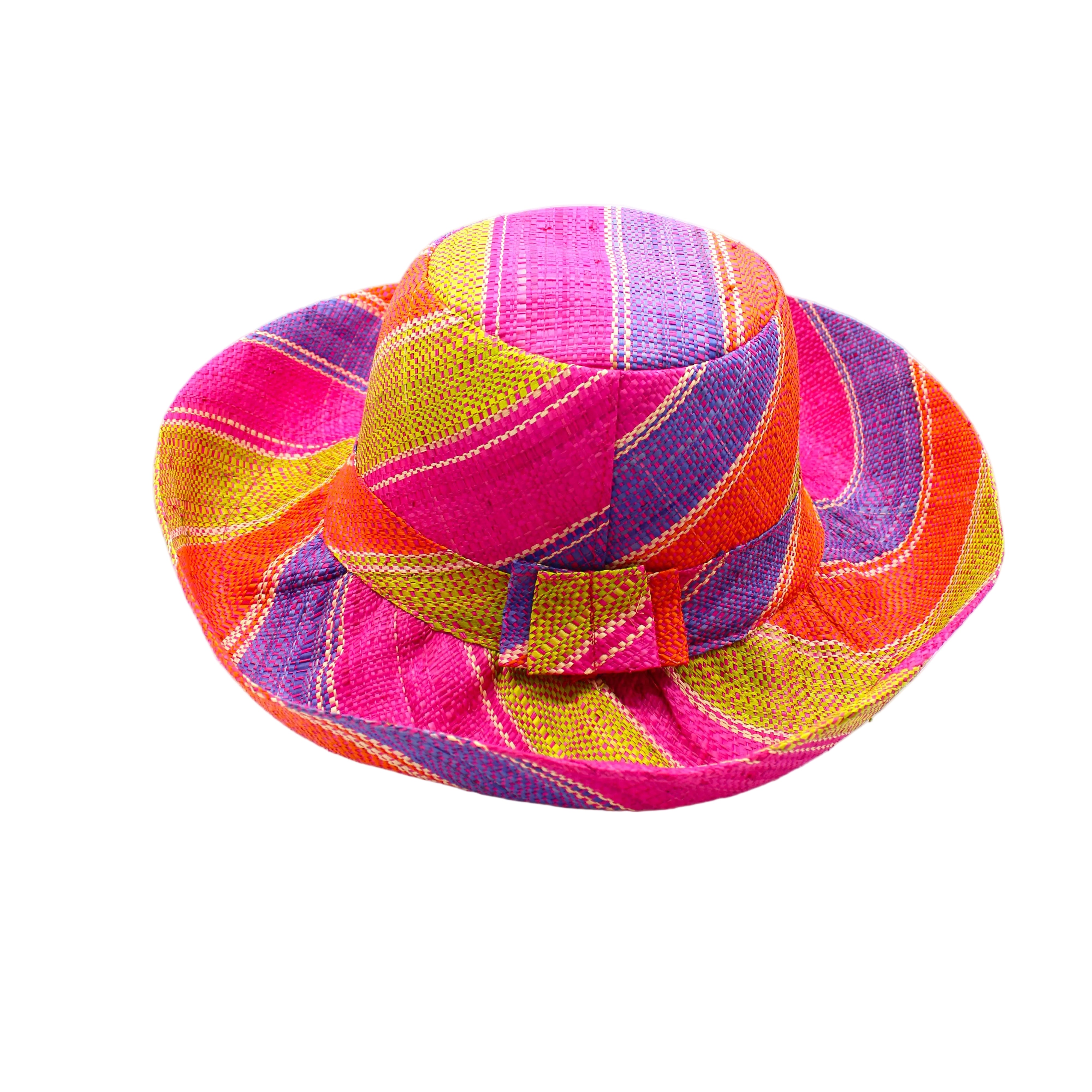 Monica 5" & 7" Wide Brim Midori Swirl Multicolor Stripes Packable Straw Sun Hat Handmade loomed raffia in multi width bands of orange, lime green, fuchsia pink, purple, etc. create a swirl pattern - Shebobo