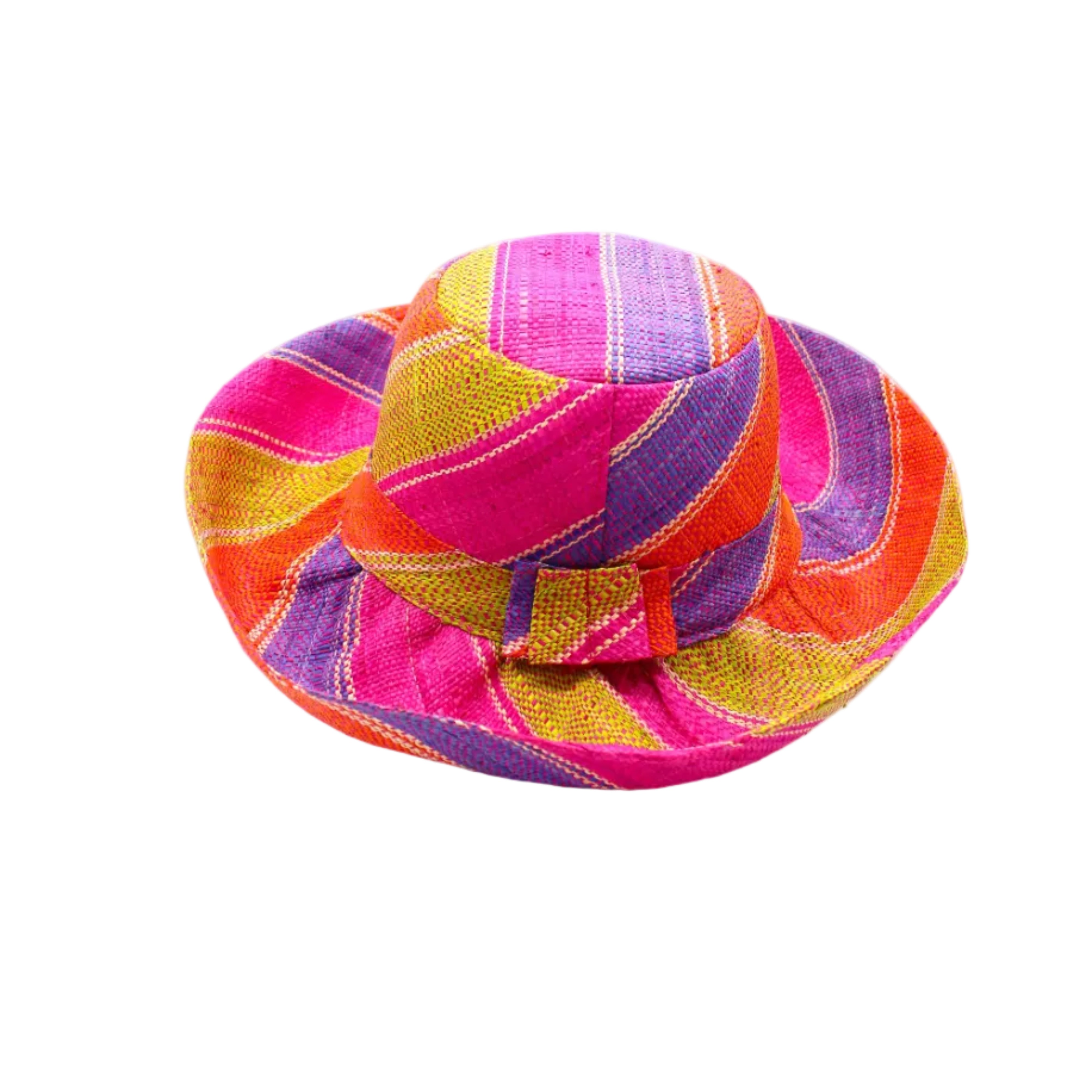 Monica 5" & 7" Wide Brim Midori Swirl Multicolor Stripes Packable Straw Sun Hat Handmade loomed raffia in multi width bands of orange, lime green, fuchsia pink, purple, etc. create a swirl pattern - Shebobo