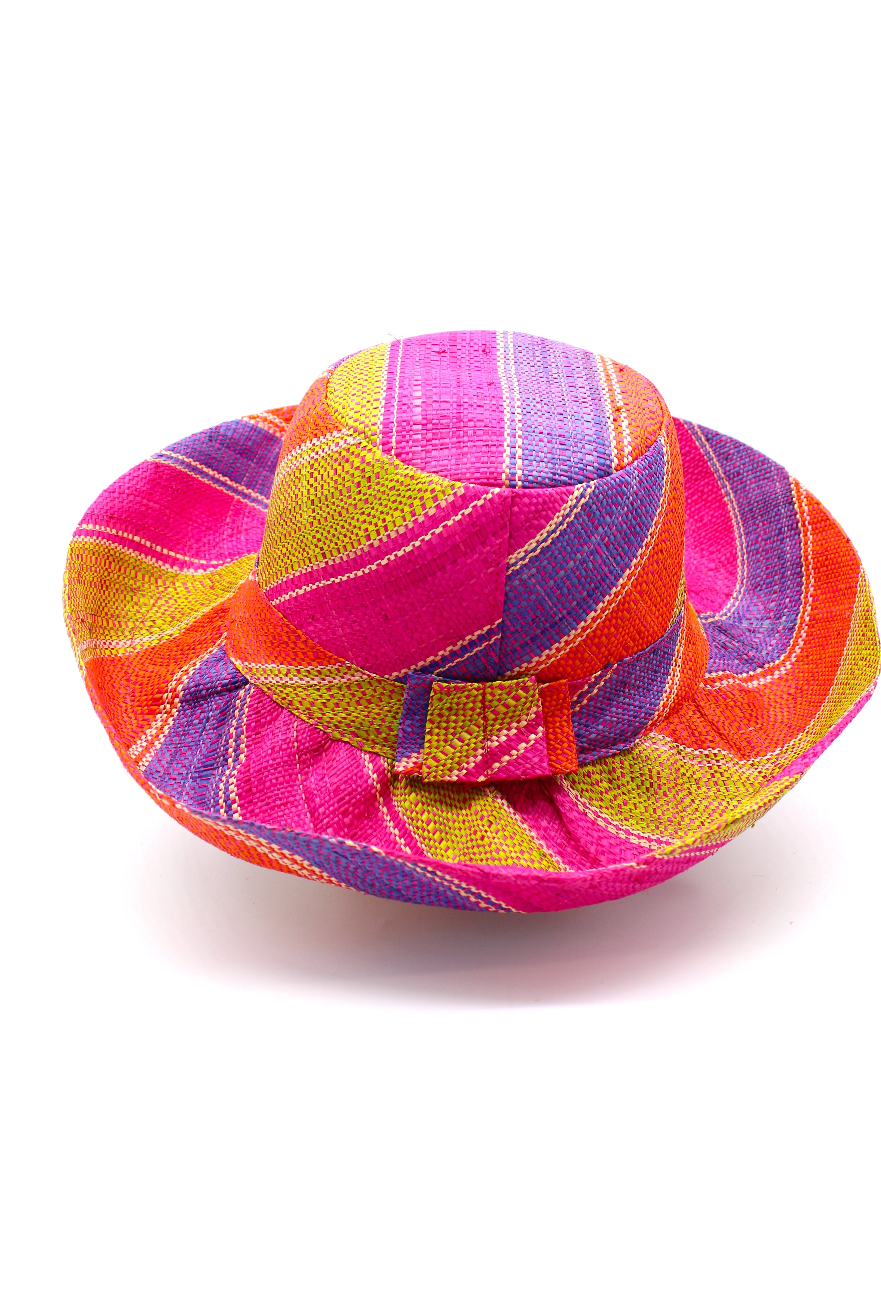 Monica 5" & 7" Wide Brim Midori Swirl Multicolor Stripes Packable Straw Sun Hat Handmade loomed raffia in multi width bands of orange, lime green, fuchsia pink, purple, etc. create a swirl pattern - Shebobo