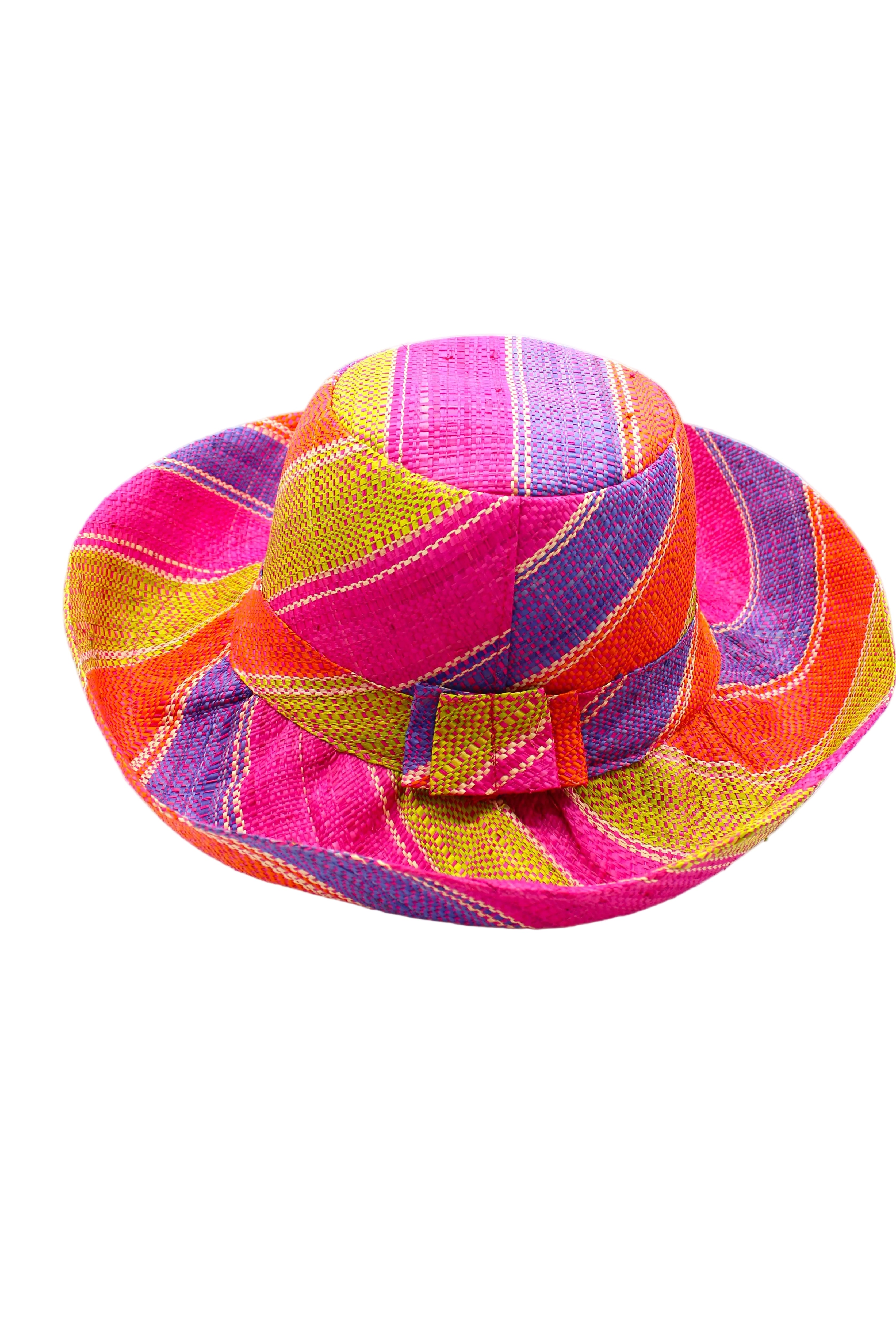 Monica 5" & 7" Wide Brim Midori Swirl Multicolor Stripes Packable Straw Sun Hat Handmade loomed raffia in multi width bands of orange, lime green, fuchsia pink, purple, etc. create a swirl pattern - Shebobo