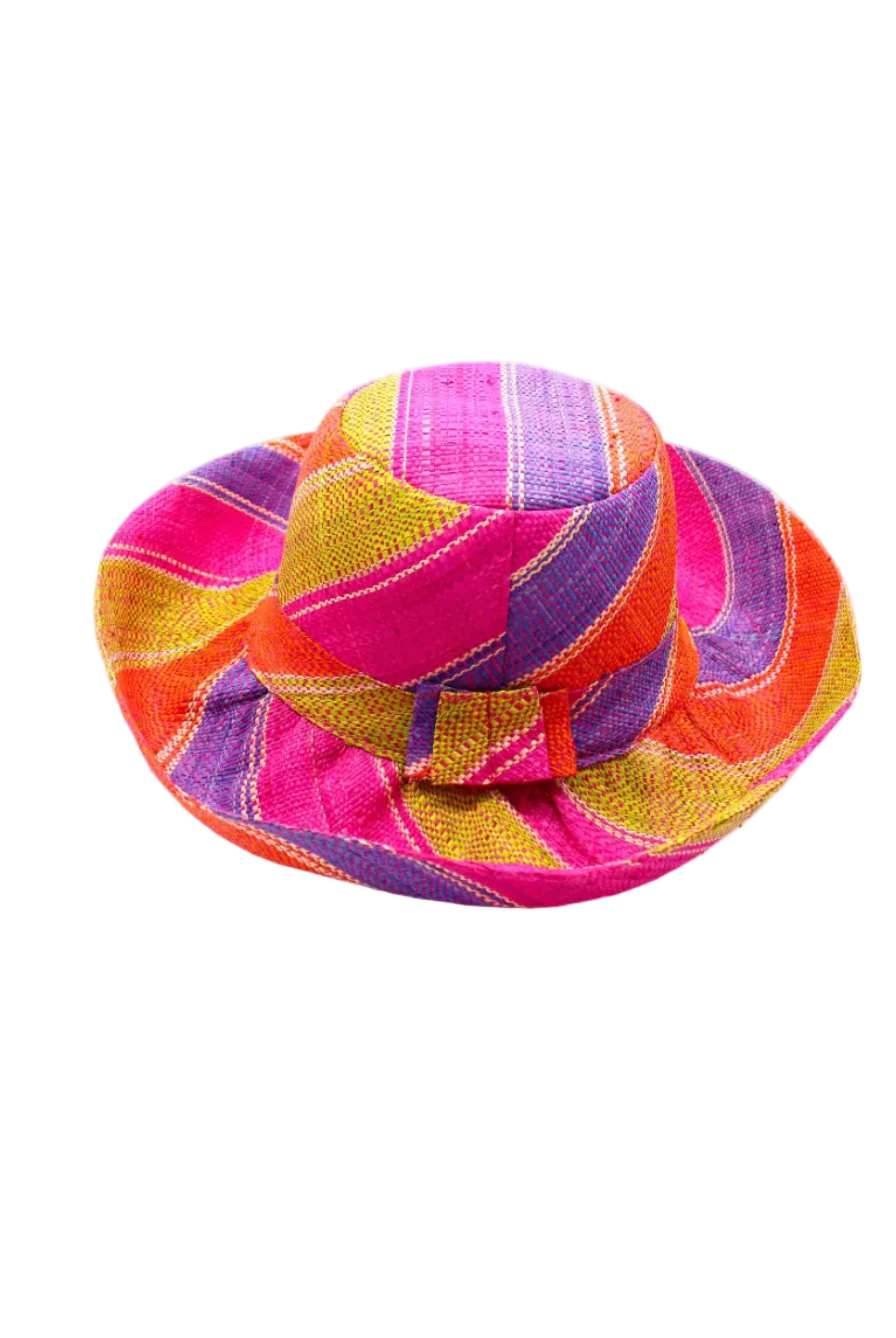 Monica 5" & 7" Wide Brim Midori Swirl Multicolor Stripes Packable Straw Sun Hat Handmade loomed raffia in multi width bands of orange, lime green, fuchsia pink, purple, etc. create a swirl pattern - Shebobo