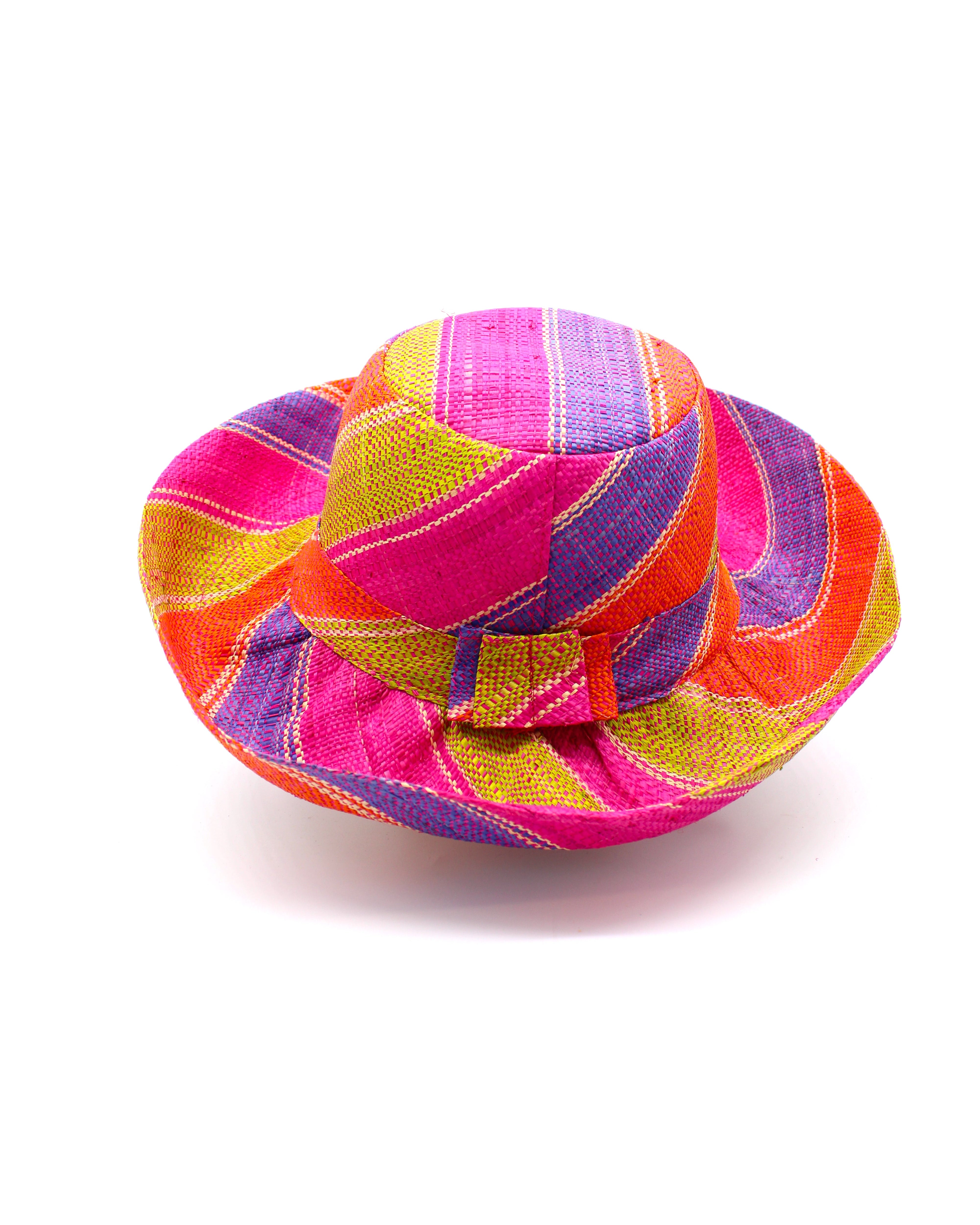 Monica 5" & 7" Wide Brim Midori Swirl Multicolor Stripes Packable Straw Sun Hat Handmade loomed raffia in multi width bands of orange, lime green, fuchsia pink, purple, etc. create a swirl pattern - Shebobo