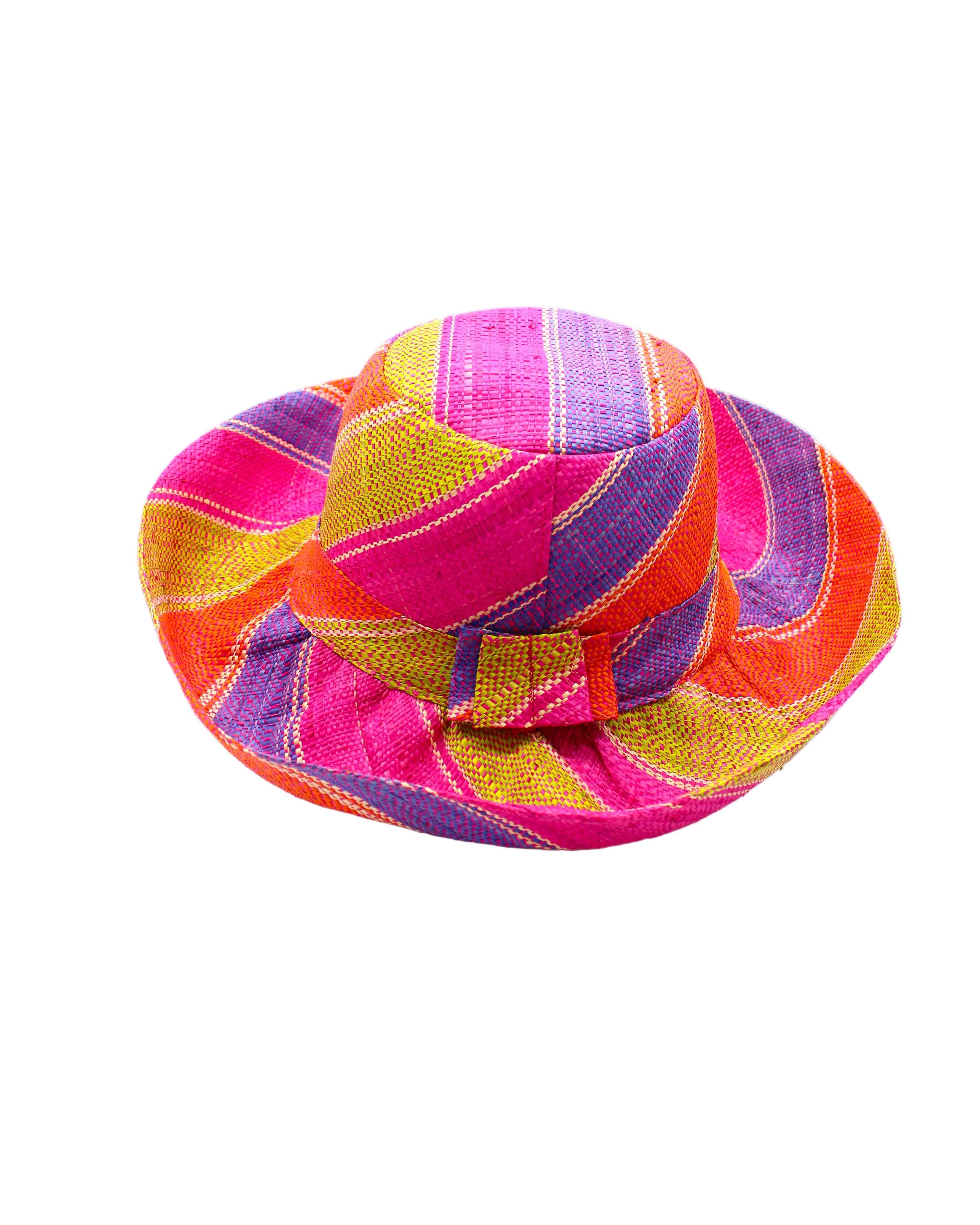 Monica 5" & 7" Wide Brim Midori Swirl Multicolor Stripes Packable Straw Sun Hat Handmade loomed raffia in multi width bands of orange, lime green, fuchsia pink, purple, etc. create a swirl pattern - Shebobo