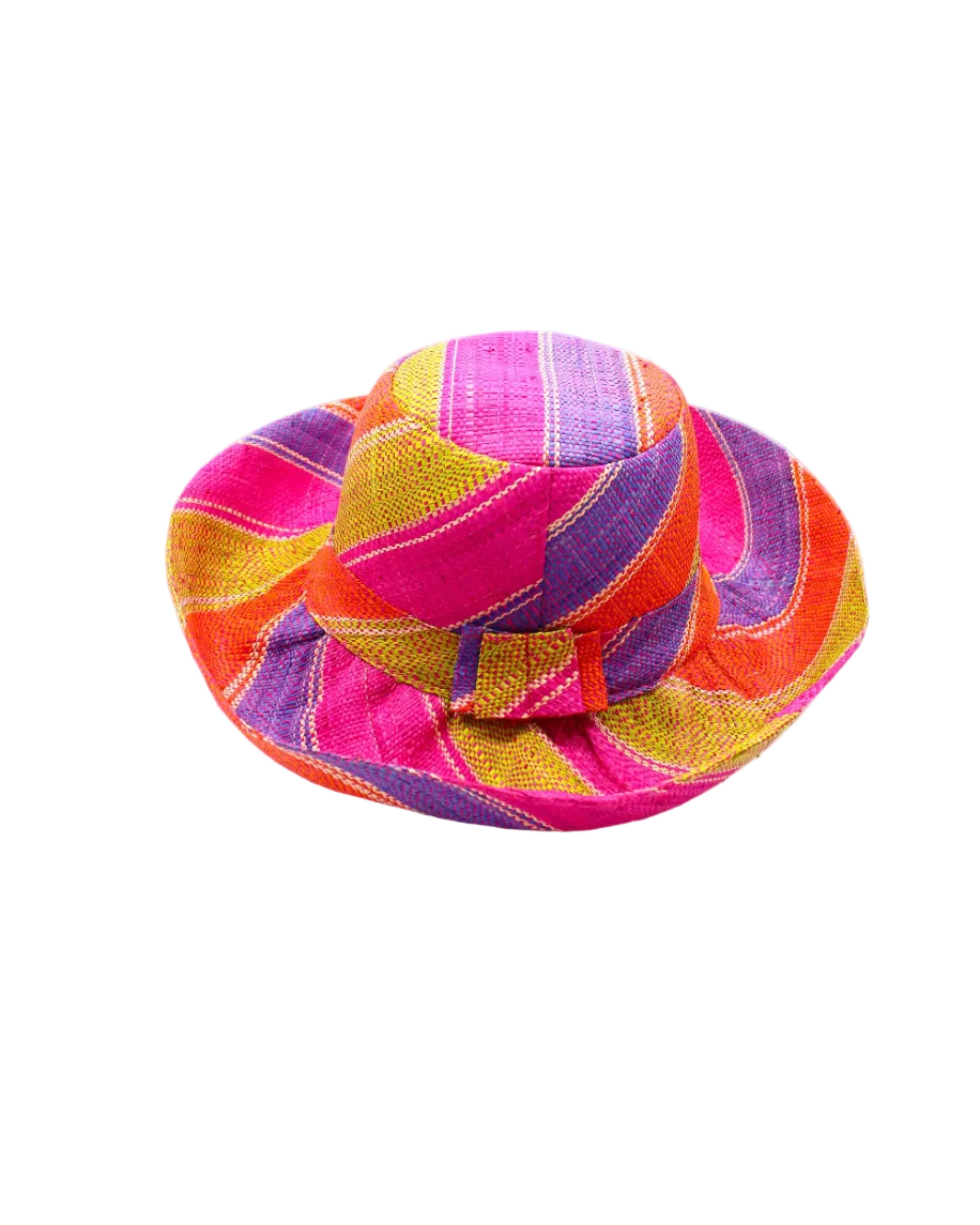Monica 5" & 7" Wide Brim Midori Swirl Multicolor Stripes Packable Straw Sun Hat Handmade loomed raffia in multi width bands of orange, lime green, fuchsia pink, purple, etc. create a swirl pattern - Shebobo
