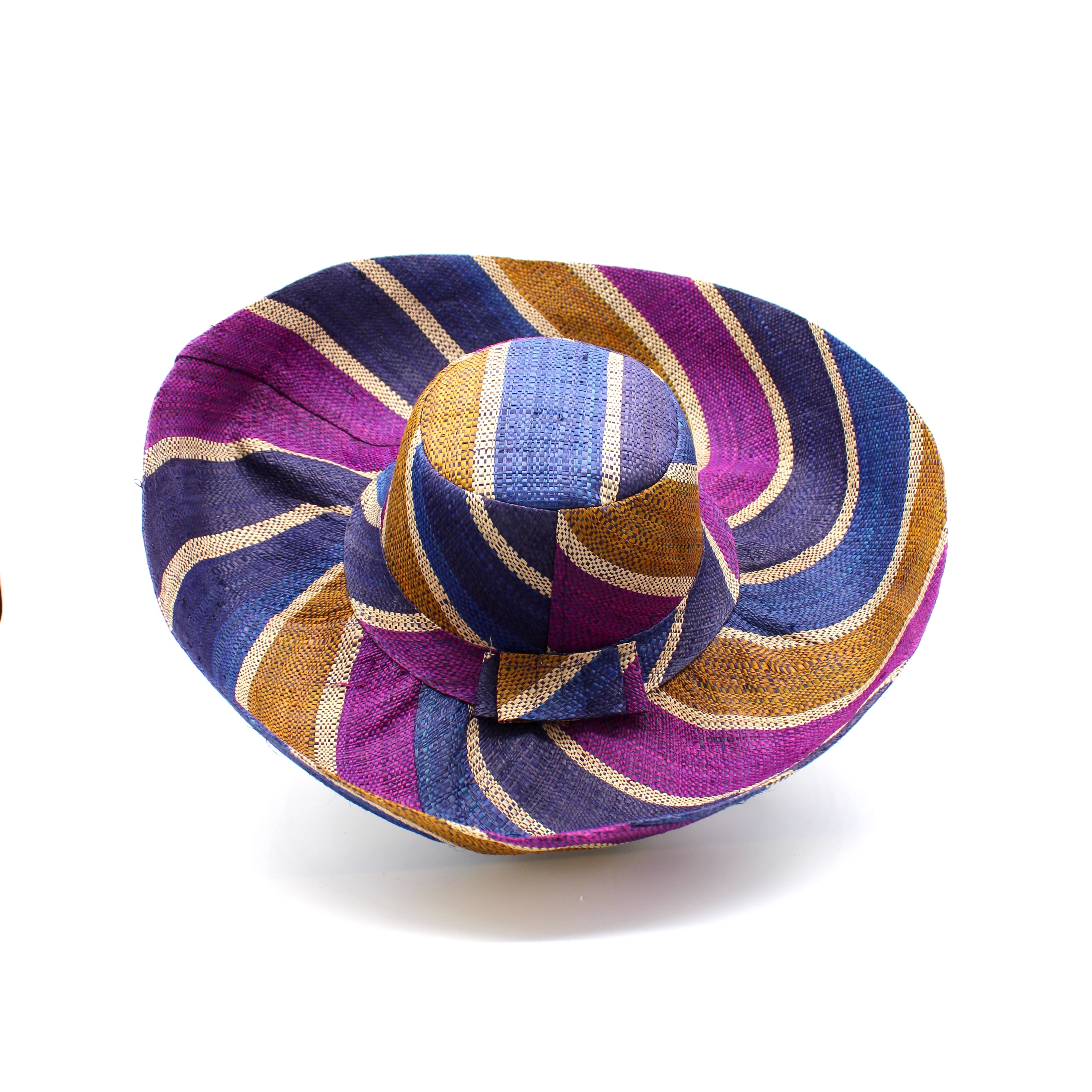Monica 5" & 7" Wide Brim Olive and Purple Swirl Multicolor Stripes Packable Straw Sun Hat Handmade loomed raffia multi width bands of turquoise blue, olive green, purple, and natural straw color create a swirl pattern - Shebobo