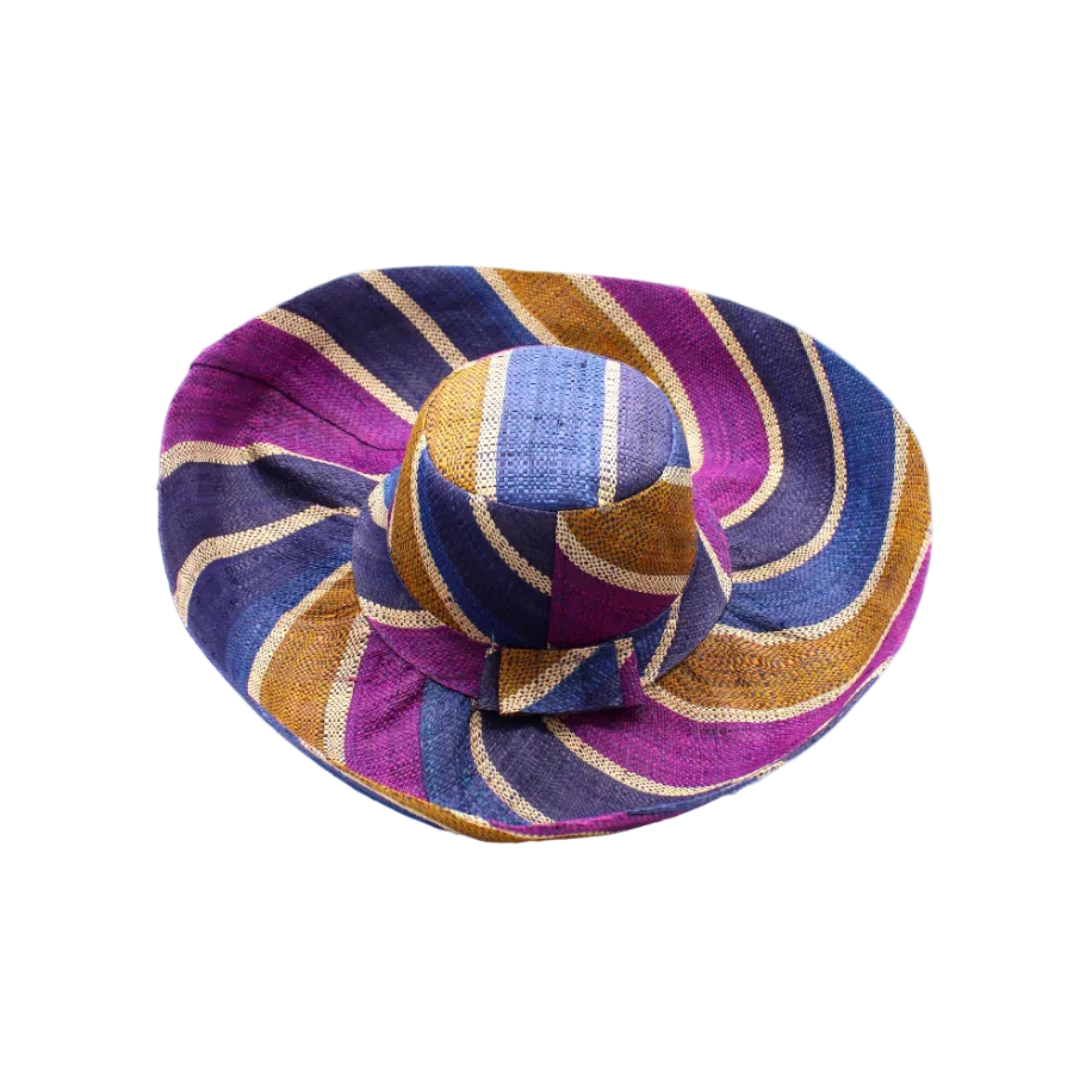 Monica 5" & 7" Wide Brim Olive and Purple Swirl Multicolor Stripes Packable Straw Sun Hat Handmade loomed raffia multi width bands of turquoise blue, olive green, purple, and natural straw color create a swirl pattern - Shebobo