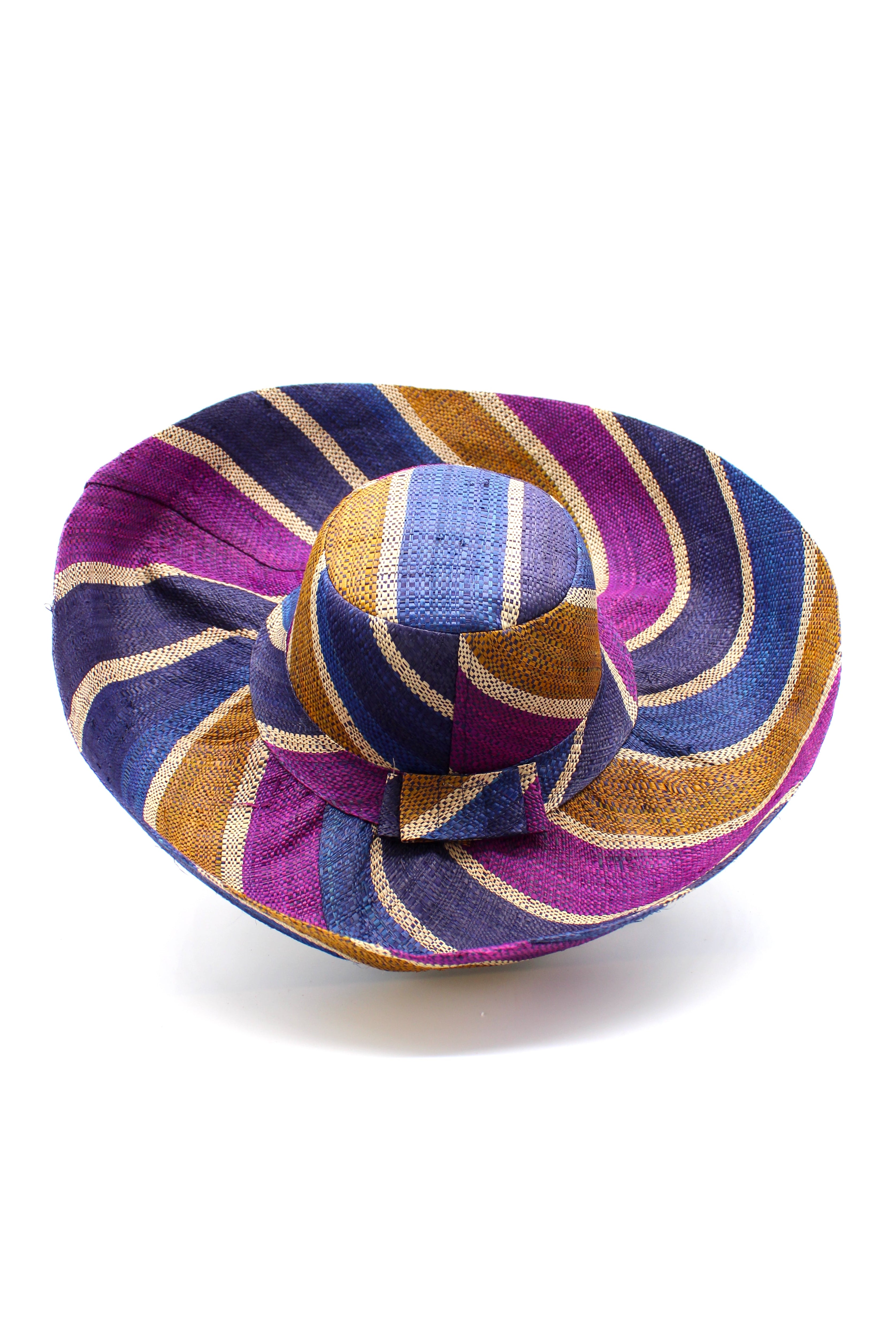 Monica 5" & 7" Wide Brim Olive and Purple Swirl Multicolor Stripes Packable Straw Sun Hat Handmade loomed raffia multi width bands of turquoise blue, olive green, purple, and natural straw color create a swirl pattern - Shebobo