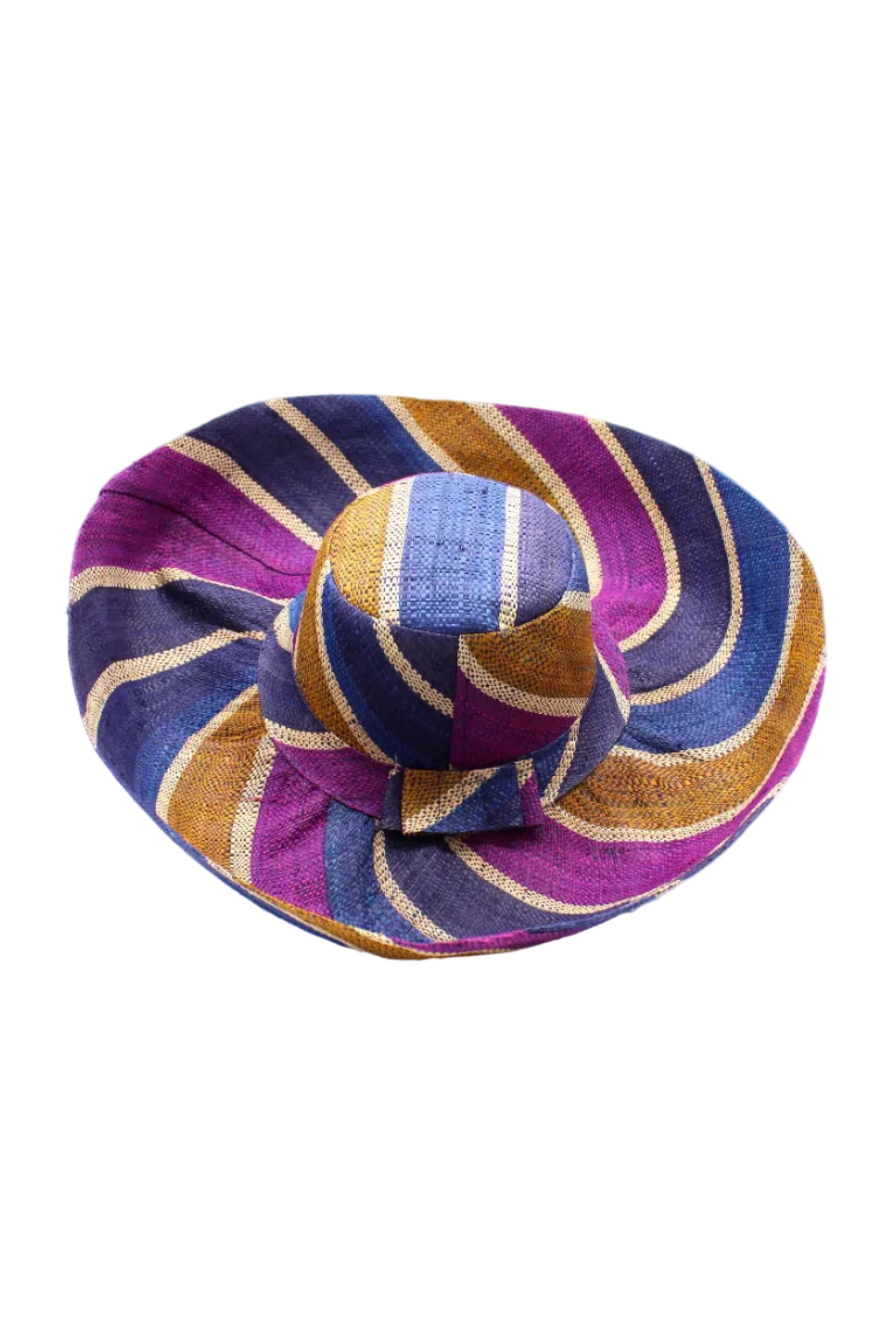 Monica 5" & 7" Wide Brim Olive and Purple Swirl Multicolor Stripes Packable Straw Sun Hat Handmade loomed raffia multi width bands of turquoise blue, olive green, purple, and natural straw color create a swirl pattern - Shebobo