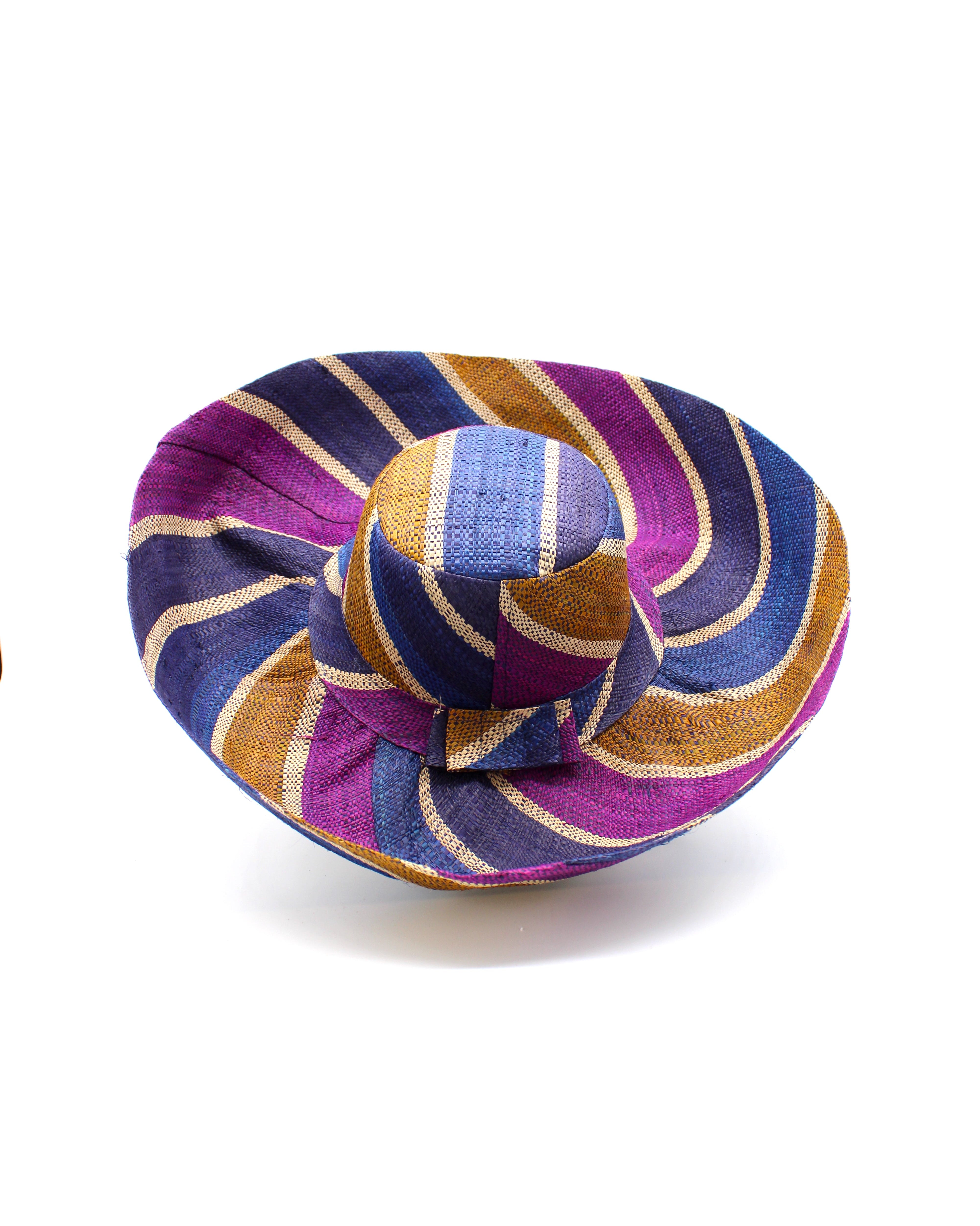 Monica 5" & 7" Wide Brim Olive and Purple Swirl Multicolor Stripes Packable Straw Sun Hat Handmade loomed raffia multi width bands of turquoise blue, olive green, purple, and natural straw color create a swirl pattern - Shebobo