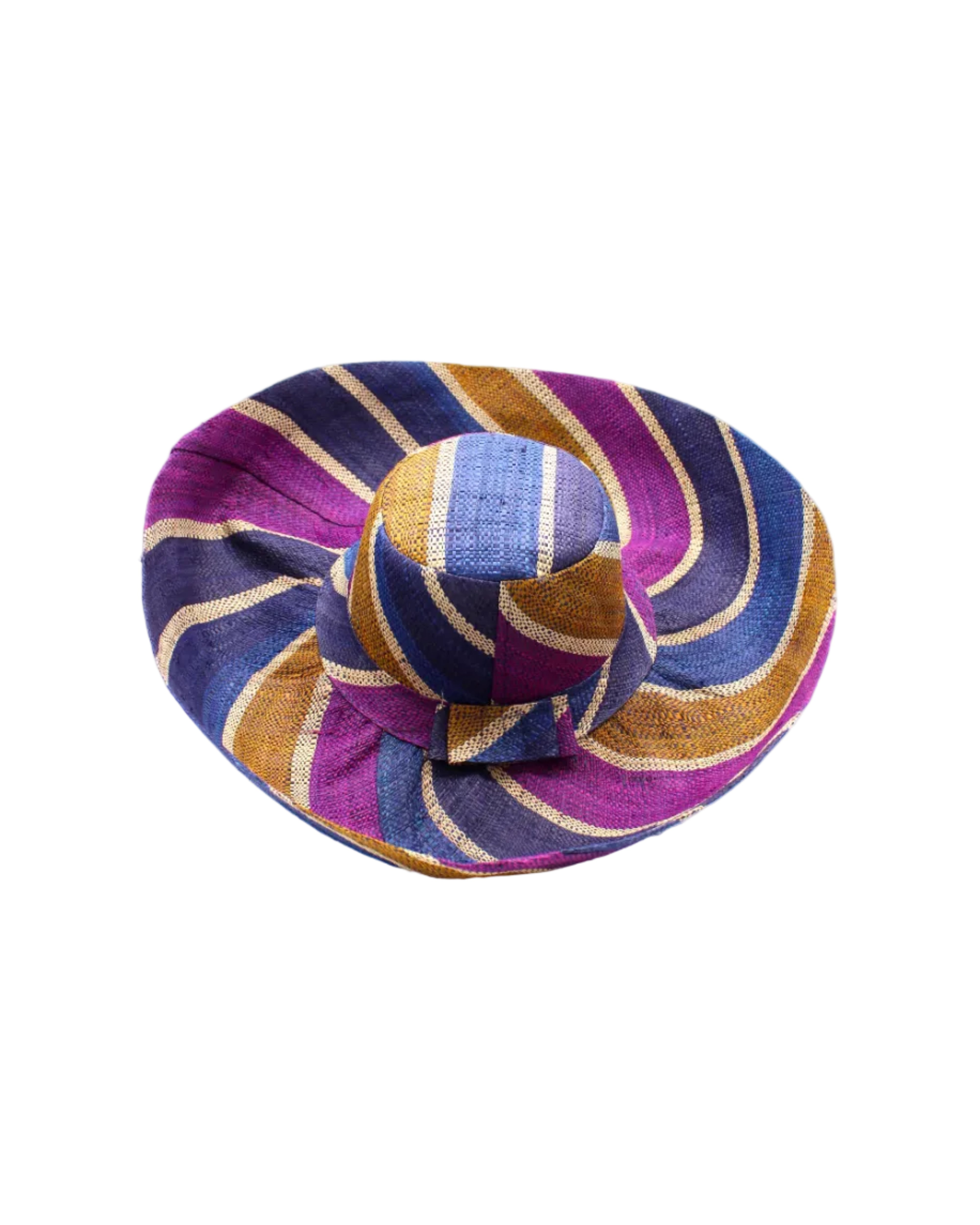 Monica 5" & 7" Wide Brim Olive and Purple Swirl Multicolor Stripes Packable Straw Sun Hat Handmade loomed raffia multi width bands of turquoise blue, olive green, purple, and natural straw color create a swirl pattern - Shebobo