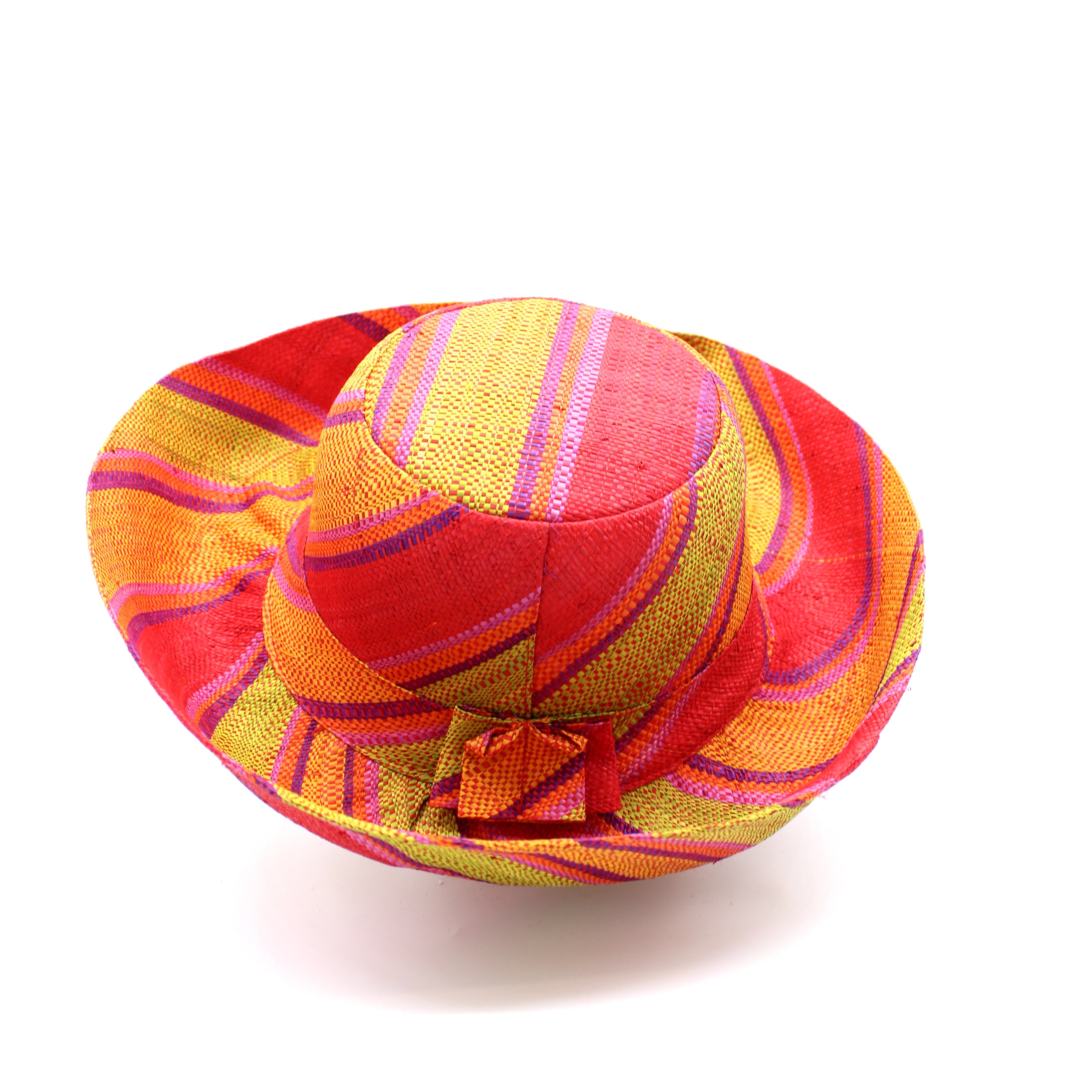 Monica 5" & 7" Wide Brim Orange & Lime Swirl Multicolor Stripes Packable Straw Sun Hat Handmade loomed raffia in multi width bands of saffron yellow, pink, orange, purple, etc. create a swirl pattern - Shebobo