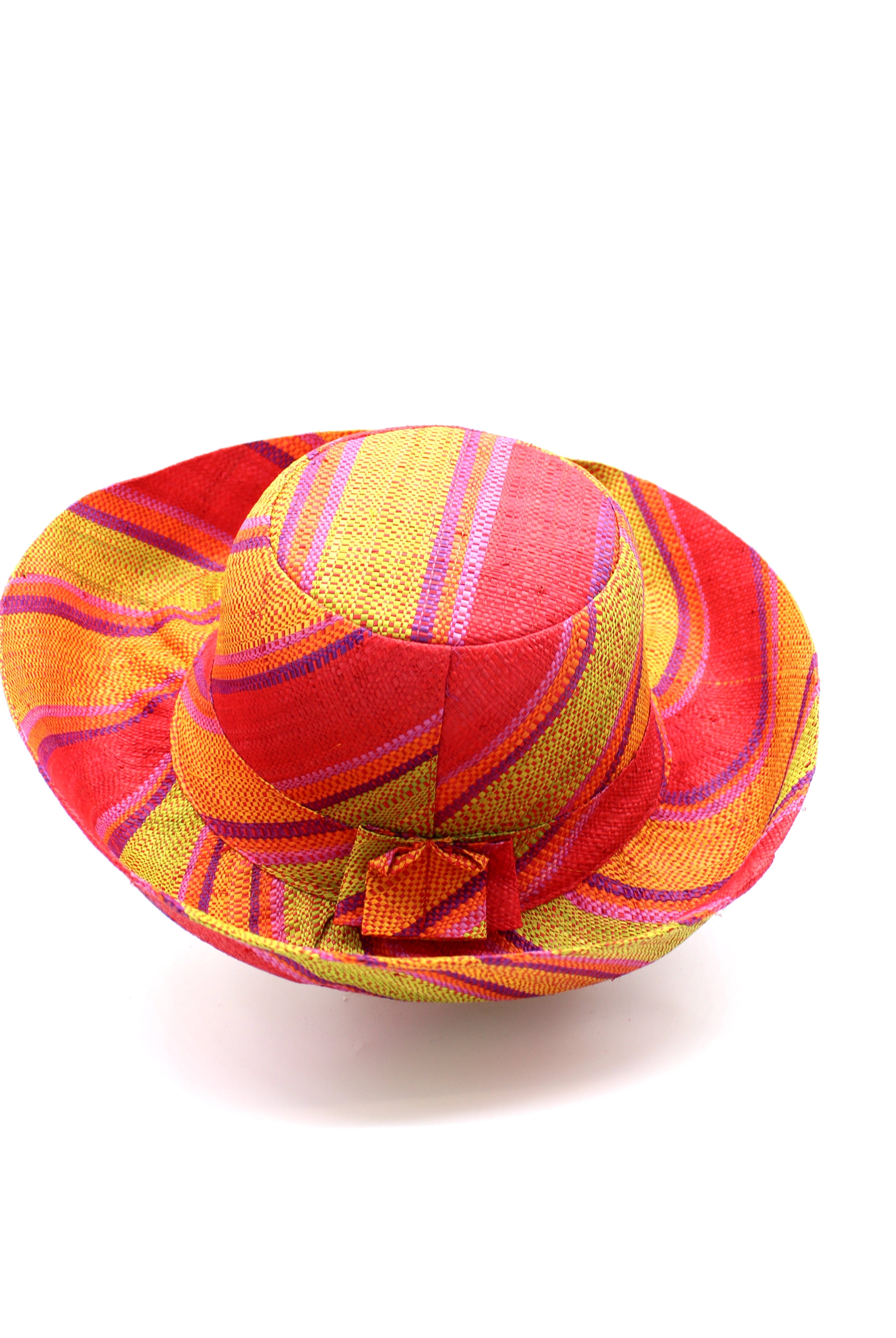 Monica 5" & 7" Wide Brim Orange & Lime Swirl Multicolor Stripes Packable Straw Sun Hat Handmade loomed raffia in multi width bands of saffron yellow, pink, orange, purple, etc. create a swirl pattern - Shebobo