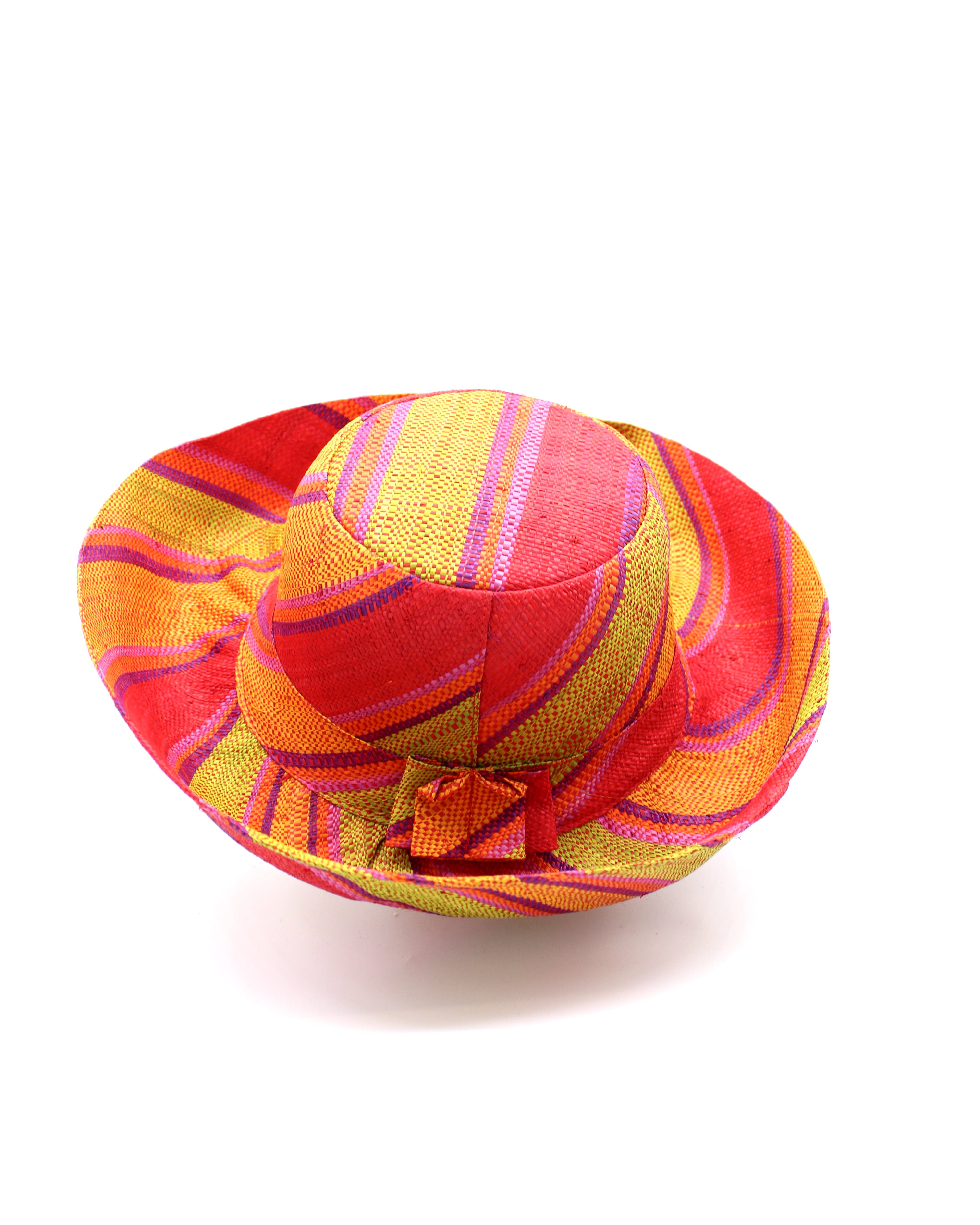 Monica 5" & 7" Wide Brim Orange & Lime Swirl Multicolor Stripes Packable Straw Sun Hat Handmade loomed raffia in multi width bands of saffron yellow, pink, orange, purple, etc. create a swirl pattern - Shebobo