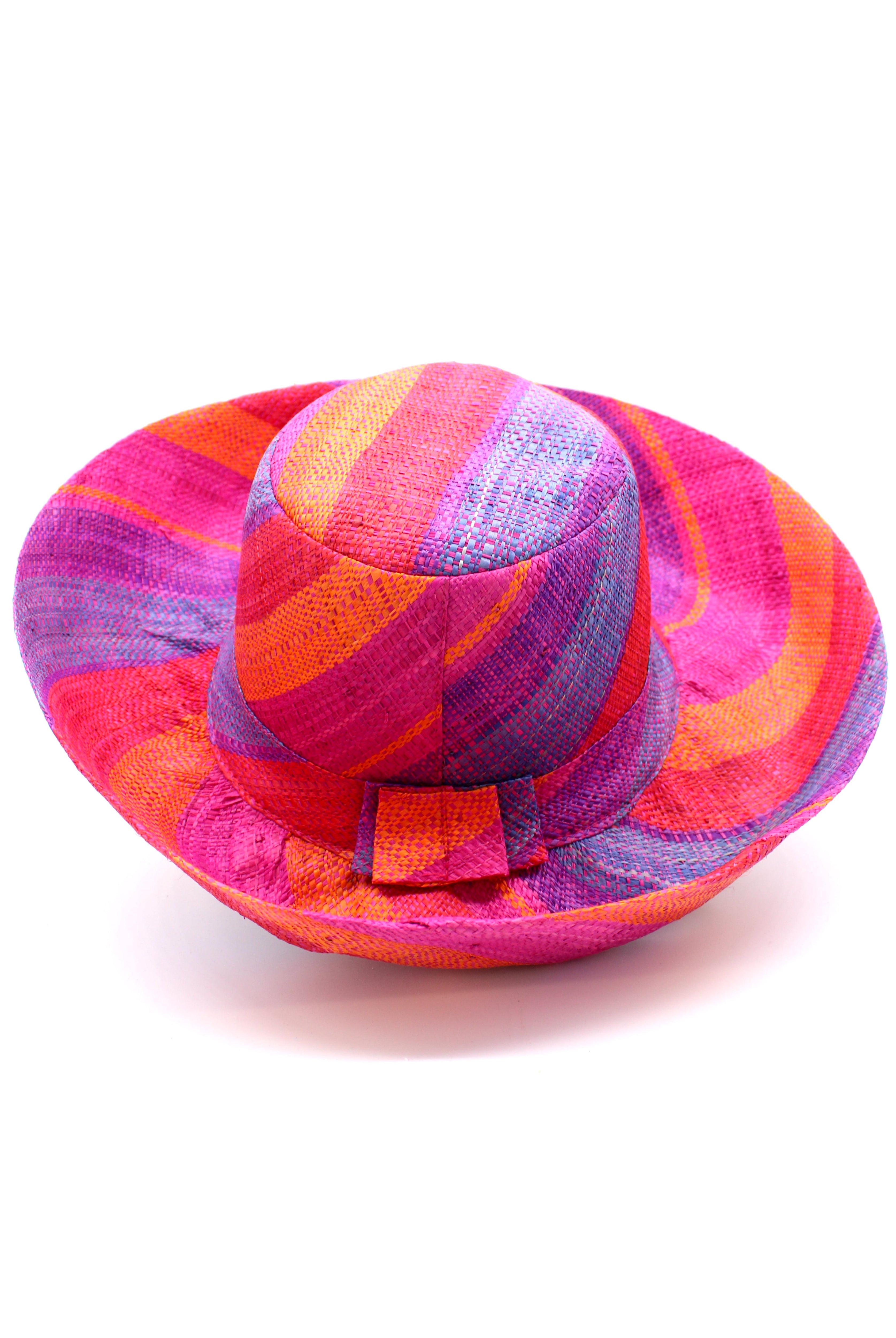 Monica 5" & 7" Wide Brim Sherbert Swirl Multicolor Stripes Packable Straw Sun Hat Handmade loomed raffia in multi width bands of saffron yellow, fuchsia pink, blue, purple, orange, red, etc. create a swirl pattern - Shebobo