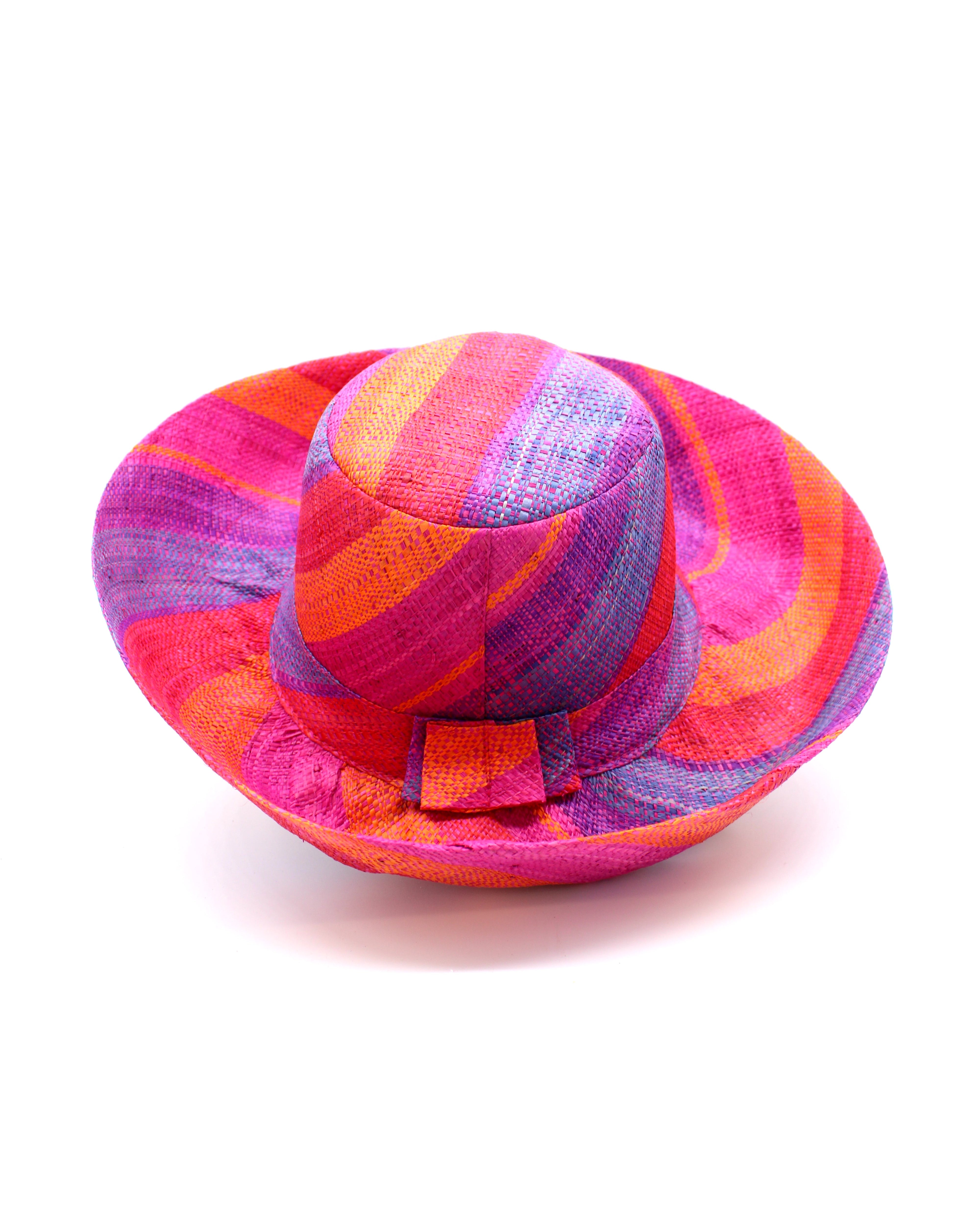 Monica 5" & 7" Wide Brim Sherbert Swirl Multicolor Stripes Packable Straw Sun Hat Handmade loomed raffia in multi width bands of saffron yellow, fuchsia pink, blue, purple, orange, red, etc. create a swirl pattern - Shebobo