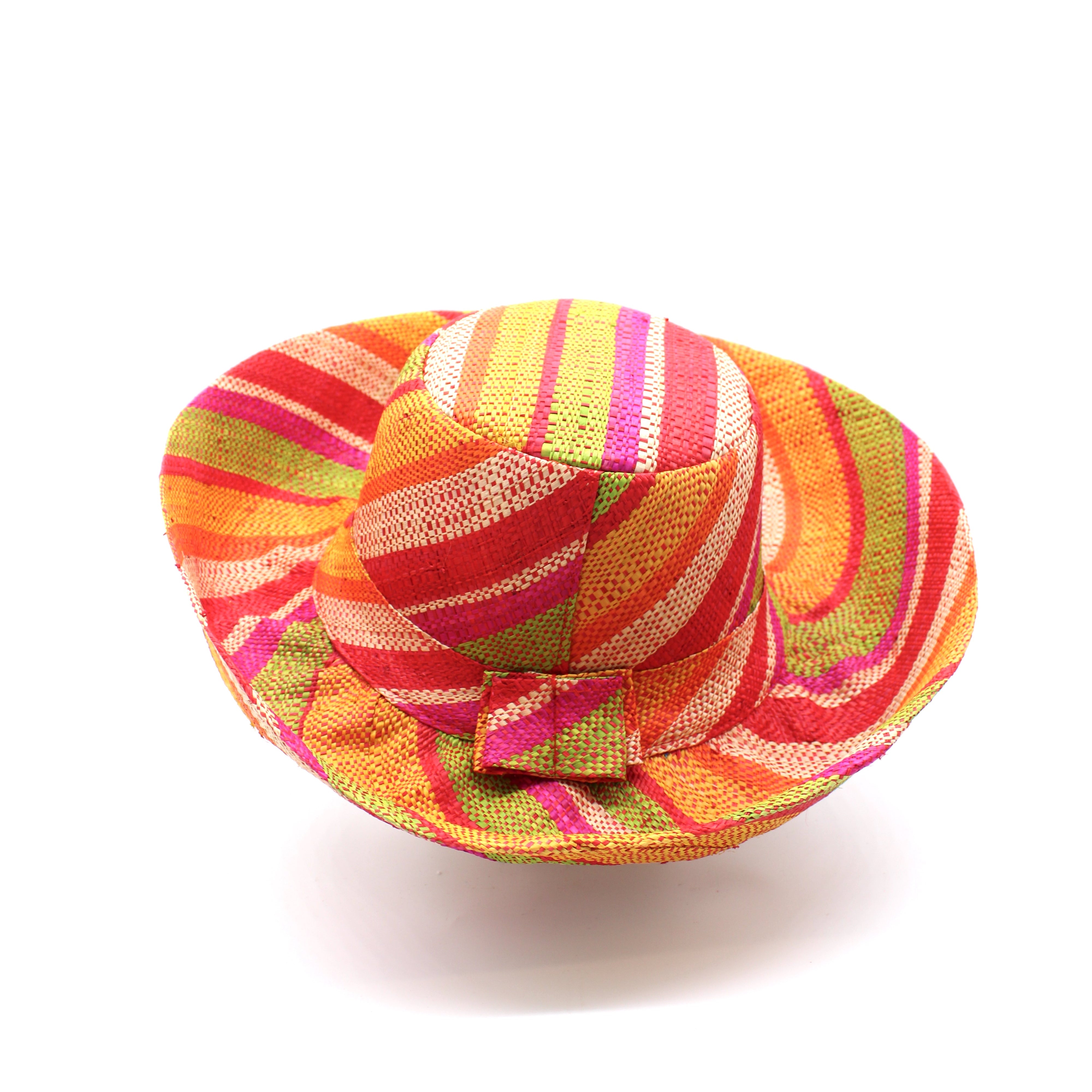 Monica 5" & 7" Wide Brim Sunrise Stripe Multicolor Stripes Packable Straw Sun Hat Handmade loomed raffia in multi width bands of saffron yellow, fuchsia pink, orange, red, lime green, and natural create a swirl pattern - Shebobo