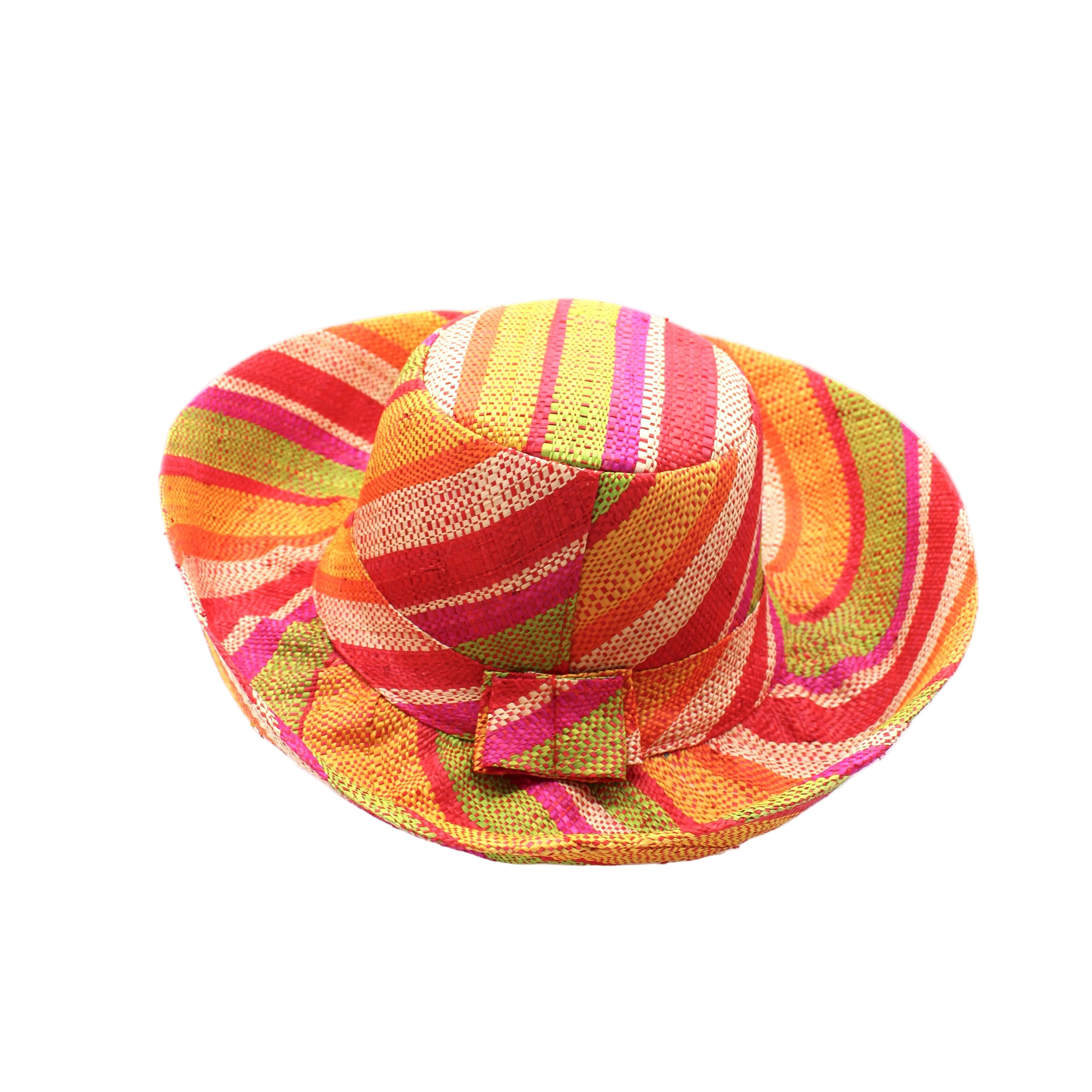 Monica 5" & 7" Wide Brim Sunrise Stripe Multicolor Stripes Packable Straw Sun Hat Handmade loomed raffia in multi width bands of saffron yellow, fuchsia pink, orange, red, lime green, and natural create a swirl pattern - Shebobo