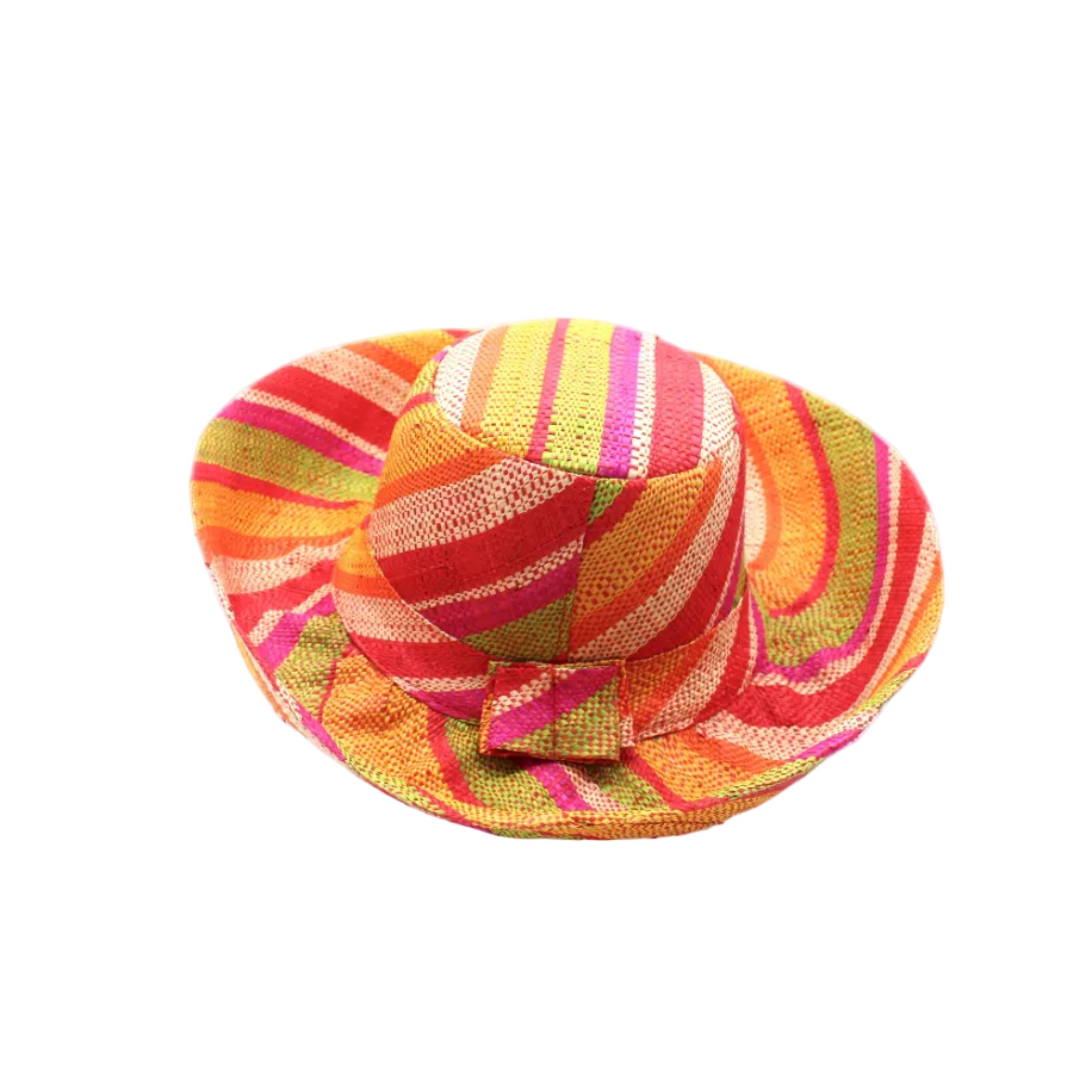 Monica 5" & 7" Wide Brim Sunrise Stripe Multicolor Stripes Packable Straw Sun Hat Handmade loomed raffia in multi width bands of saffron yellow, fuchsia pink, orange, red, lime green, and natural create a swirl pattern - Shebobo
