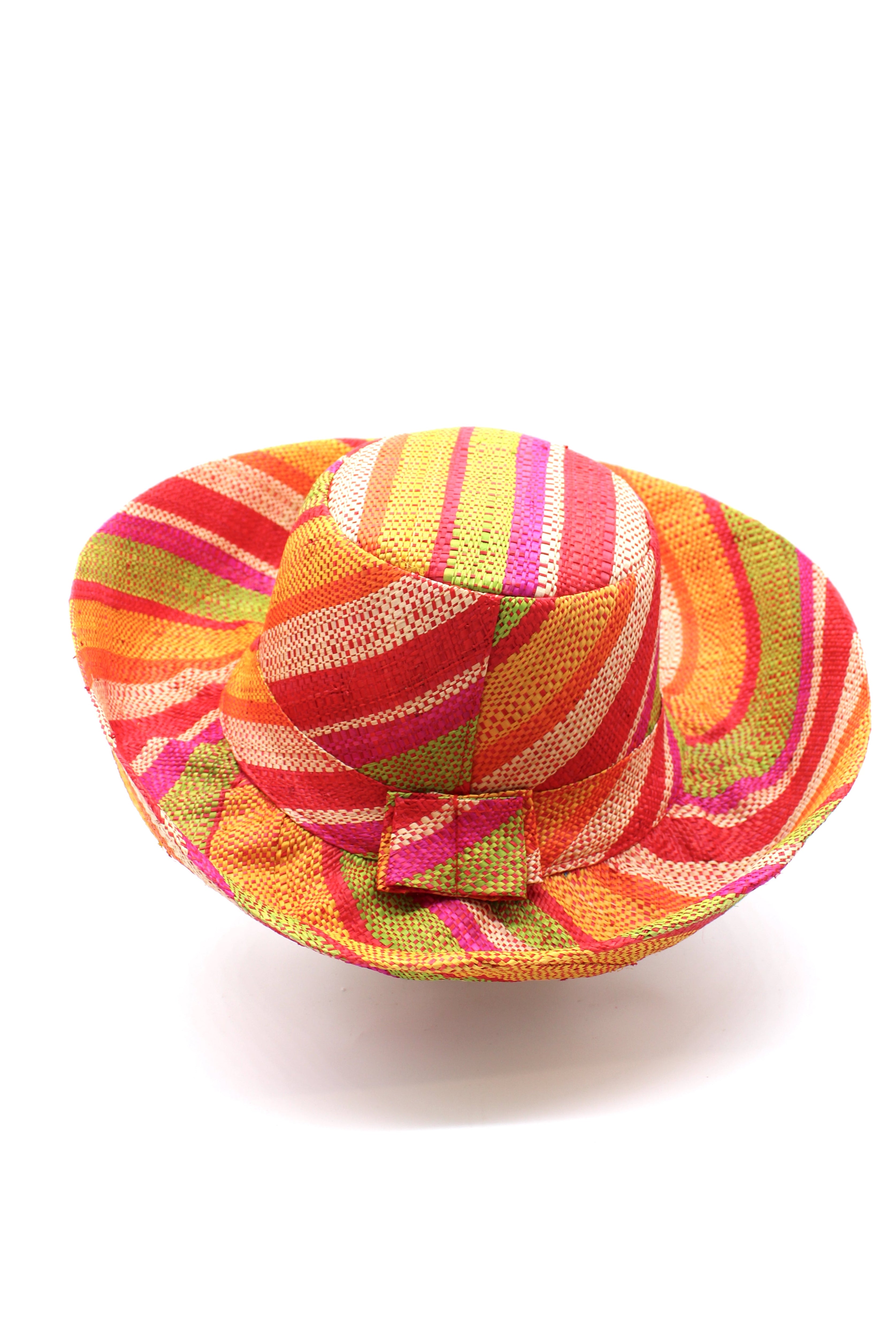Monica 5" & 7" Wide Brim Sunrise Stripe Multicolor Stripes Packable Straw Sun Hat Handmade loomed raffia in multi width bands of saffron yellow, fuchsia pink, orange, red, lime green, and natural create a swirl pattern - Shebobo