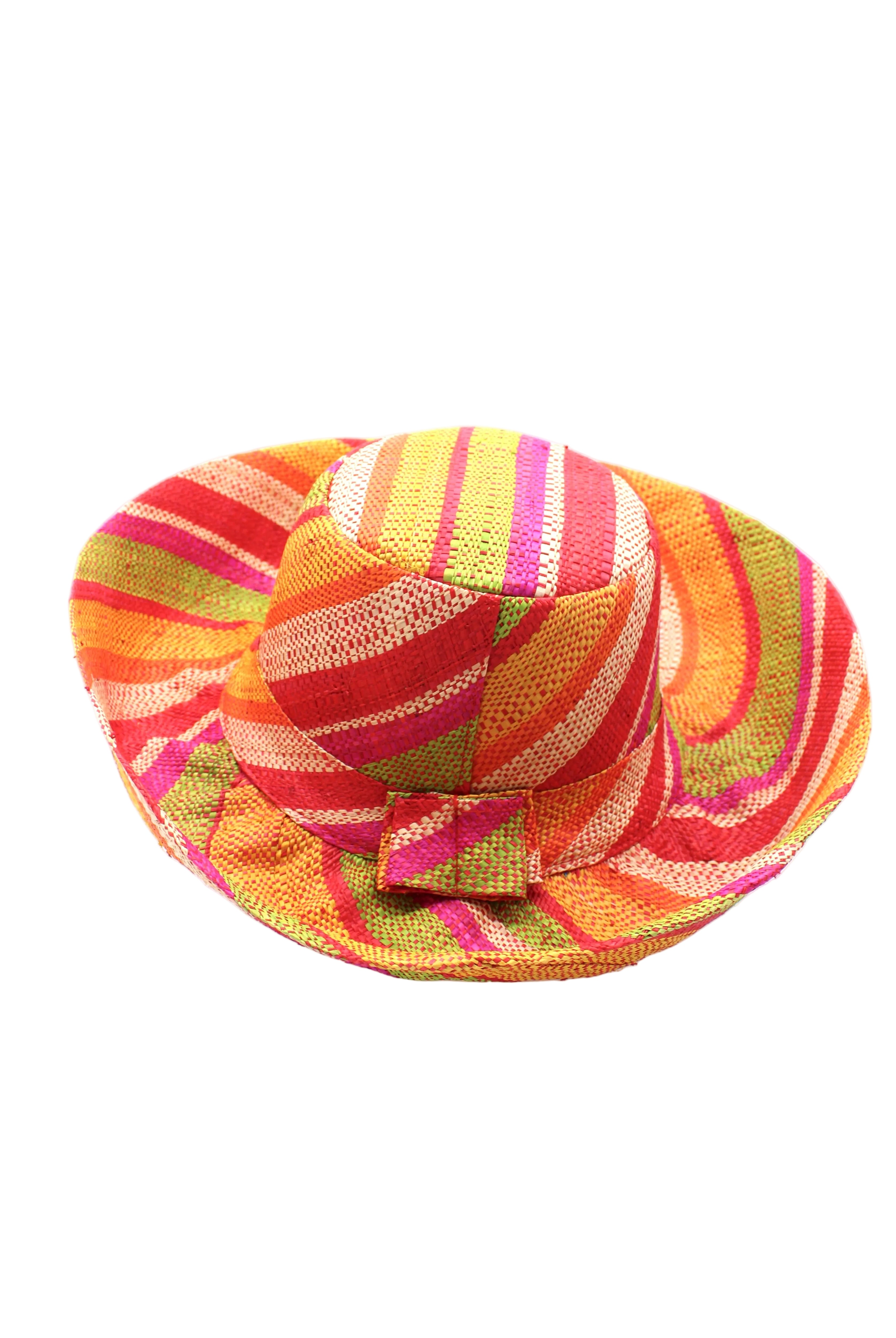 Monica 5" & 7" Wide Brim Sunrise Stripe Multicolor Stripes Packable Straw Sun Hat Handmade loomed raffia in multi width bands of saffron yellow, fuchsia pink, orange, red, lime green, and natural create a swirl pattern - Shebobo