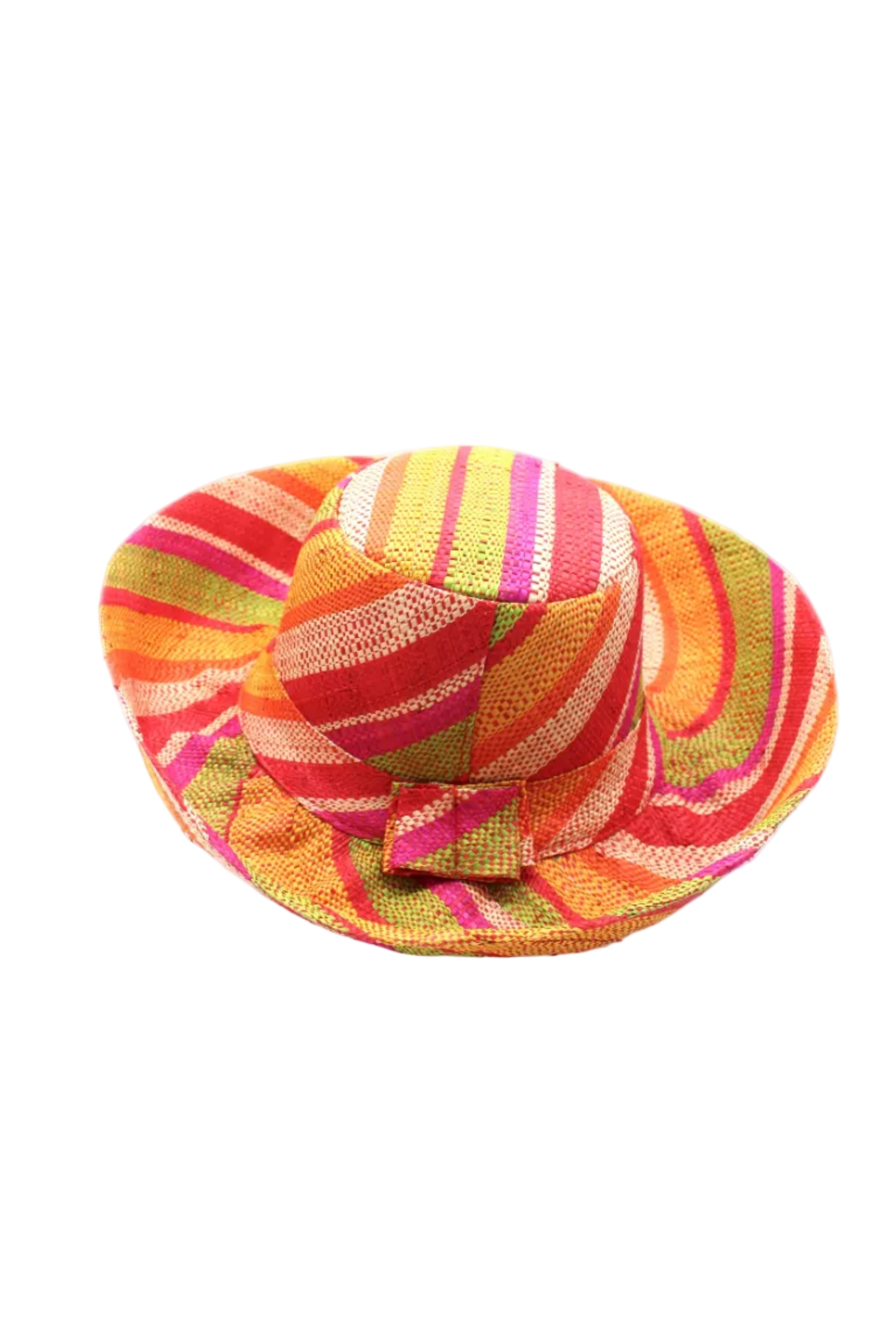 Monica 5" & 7" Wide Brim Sunrise Stripe Multicolor Stripes Packable Straw Sun Hat Handmade loomed raffia in multi width bands of saffron yellow, fuchsia pink, orange, red, lime green, and natural create a swirl pattern - Shebobo