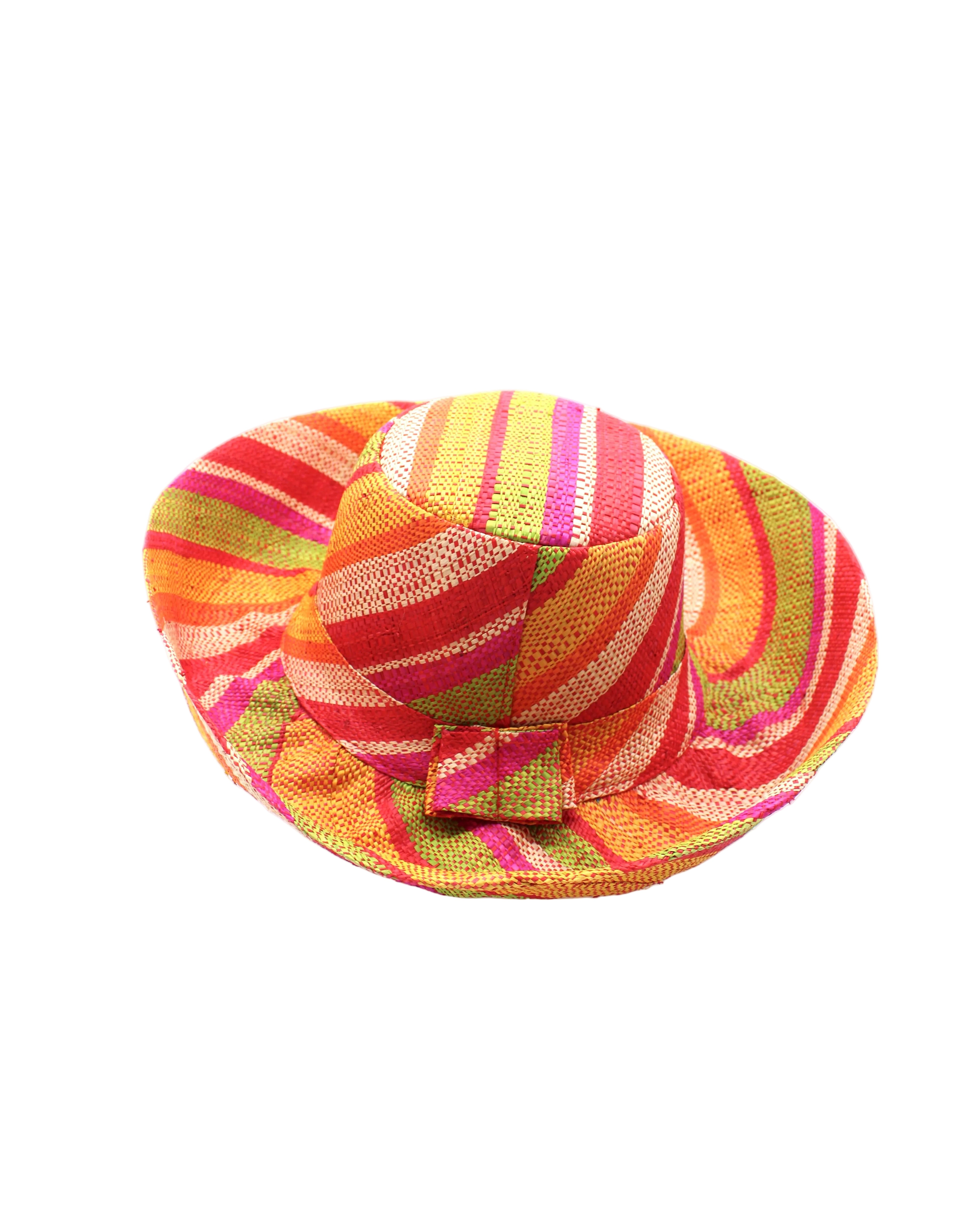 Monica 5" & 7" Wide Brim Sunrise Stripe Multicolor Stripes Packable Straw Sun Hat Handmade loomed raffia in multi width bands of saffron yellow, fuchsia pink, orange, red, lime green, and natural create a swirl pattern - Shebobo