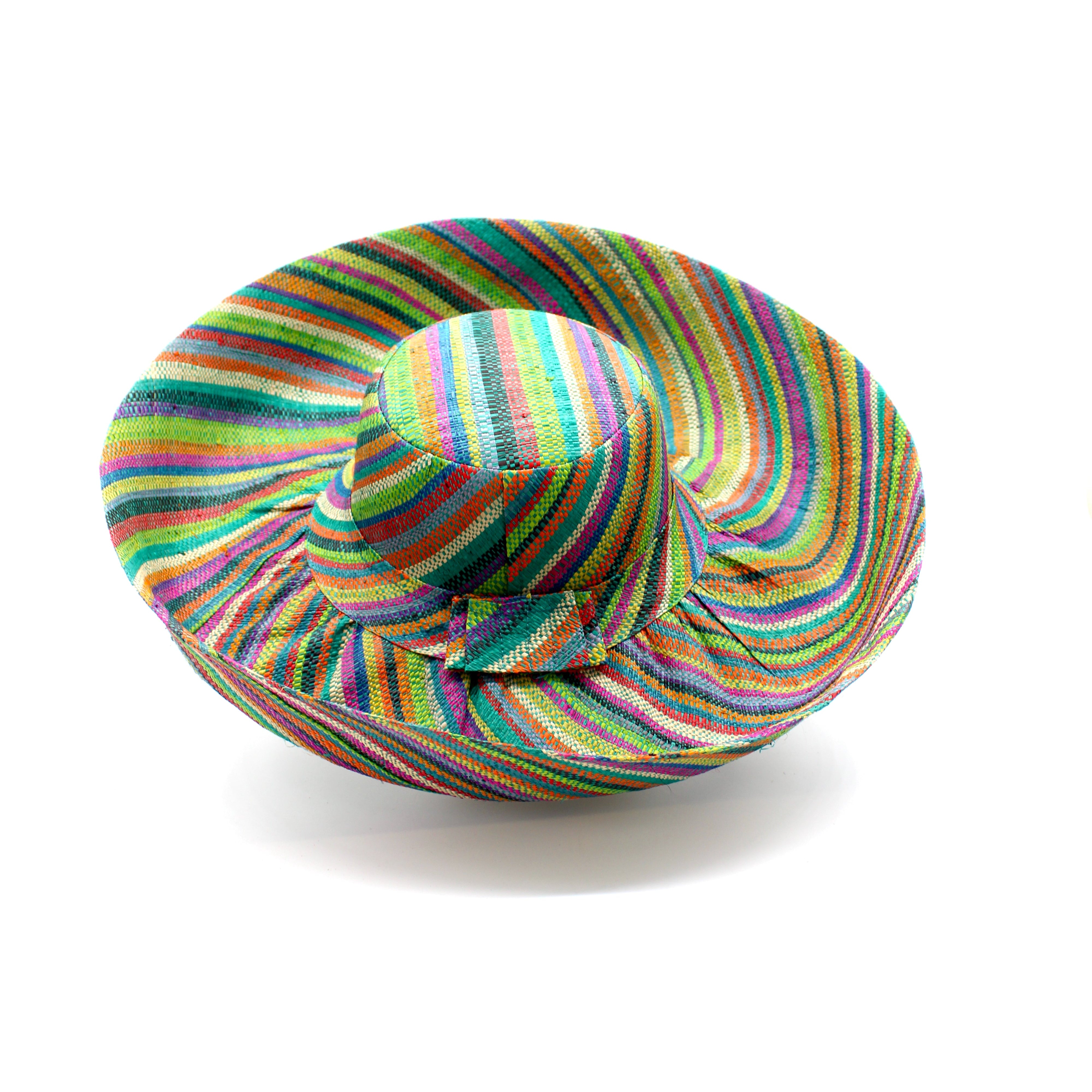 Monica 5" & 7" Wide Brim Turquoise Stripes Multicolor Packable Straw Sun Hat Handmade loomed raffia in bands of natural, black, purple, yellow, orange, turquoise, grey, red, pink, and brown create a swirl pattern - Shebobo