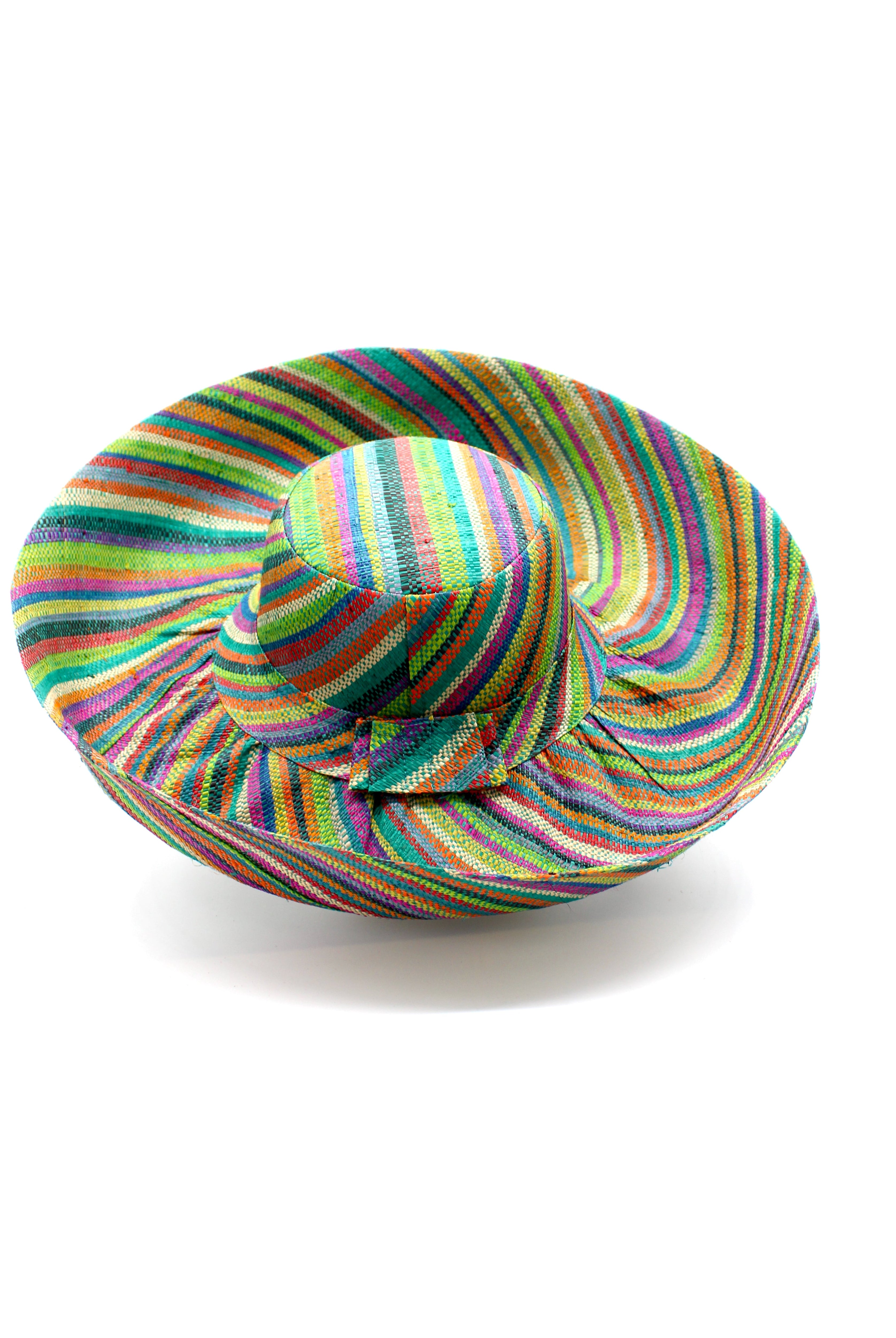 Monica 5" & 7" Wide Brim Turquoise Stripes Multicolor Packable Straw Sun Hat Handmade loomed raffia in bands of natural, black, purple, yellow, orange, turquoise, grey, red, pink, and brown create a swirl pattern - Shebobo