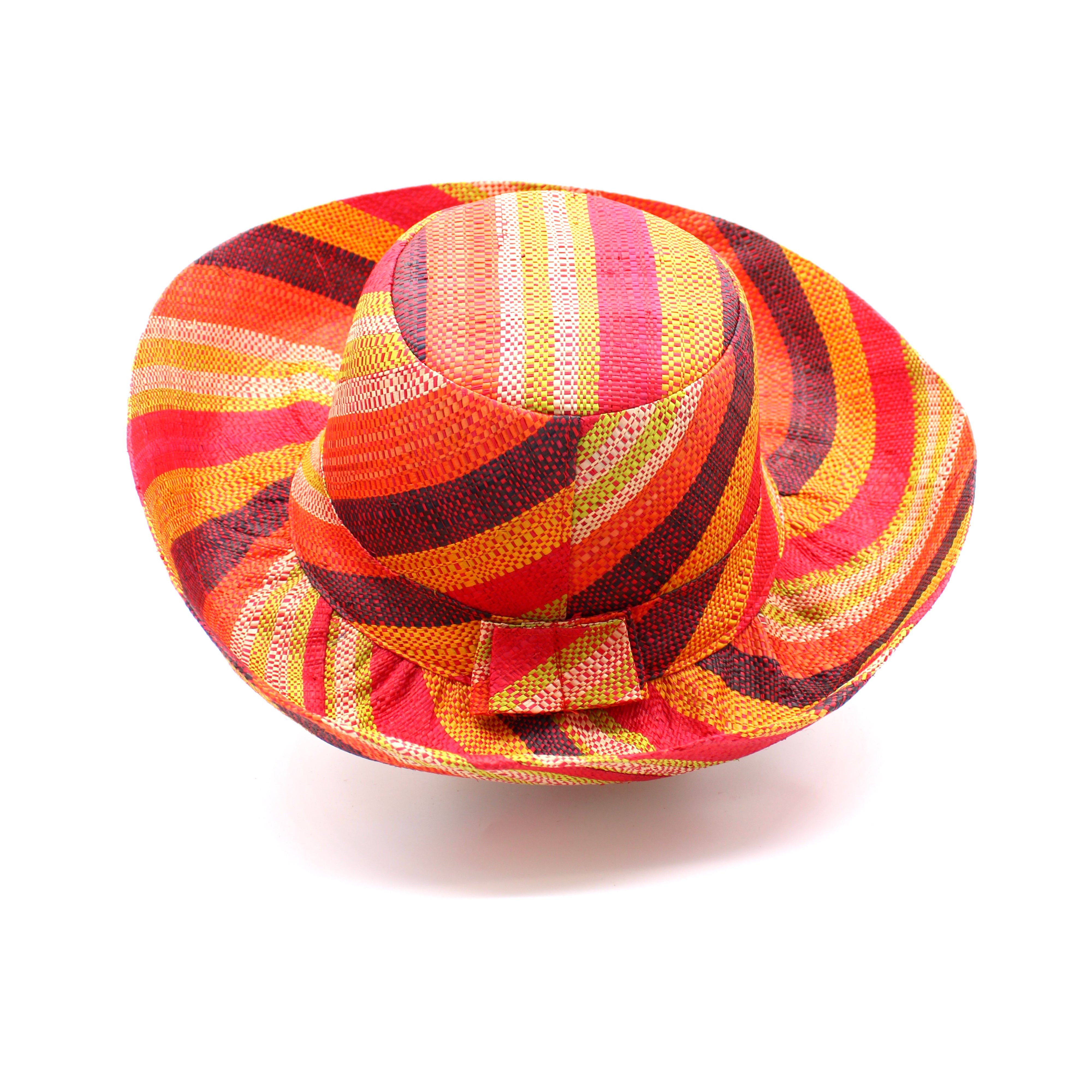 Monica 5" & 7" Wide Brim Orange Stripe Multicolor Stripes Packable Straw Sun Hat Handmade loomed raffia multi width bands of orange, yellow, red, black, lime green, and natural straw color create a swirl pattern - Shebobo