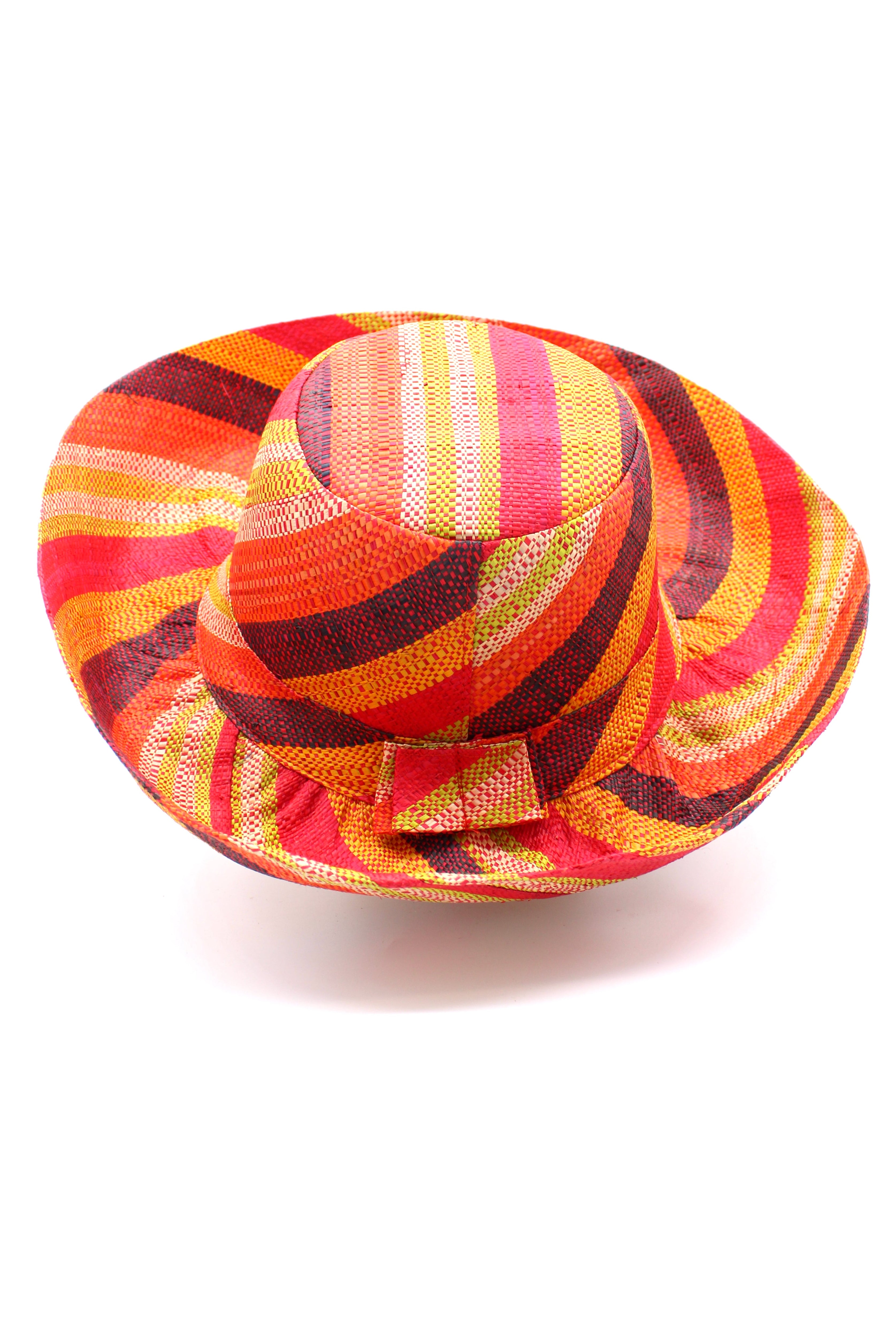 Monica 5" & 7" Wide Brim Orange Stripe Multicolor Stripes Packable Straw Sun Hat Handmade loomed raffia multi width bands of orange, yellow, red, black, lime green, and natural straw color create a swirl pattern - Shebobo