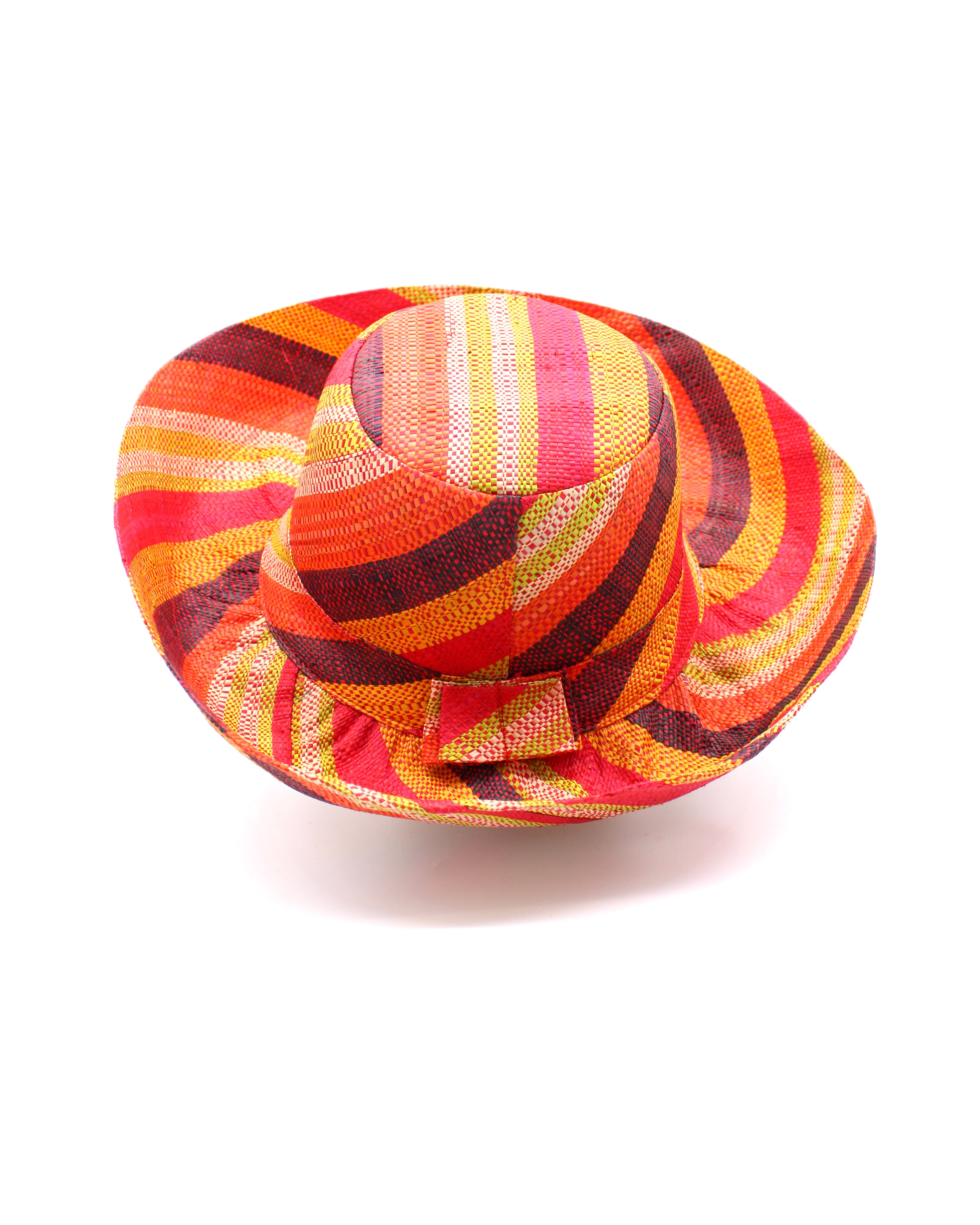 Monica 5" & 7" Wide Brim Orange Stripe Multicolor Stripes Packable Straw Sun Hat Handmade loomed raffia multi width bands of orange, yellow, red, black, lime green, and natural straw color create a swirl pattern - Shebobo