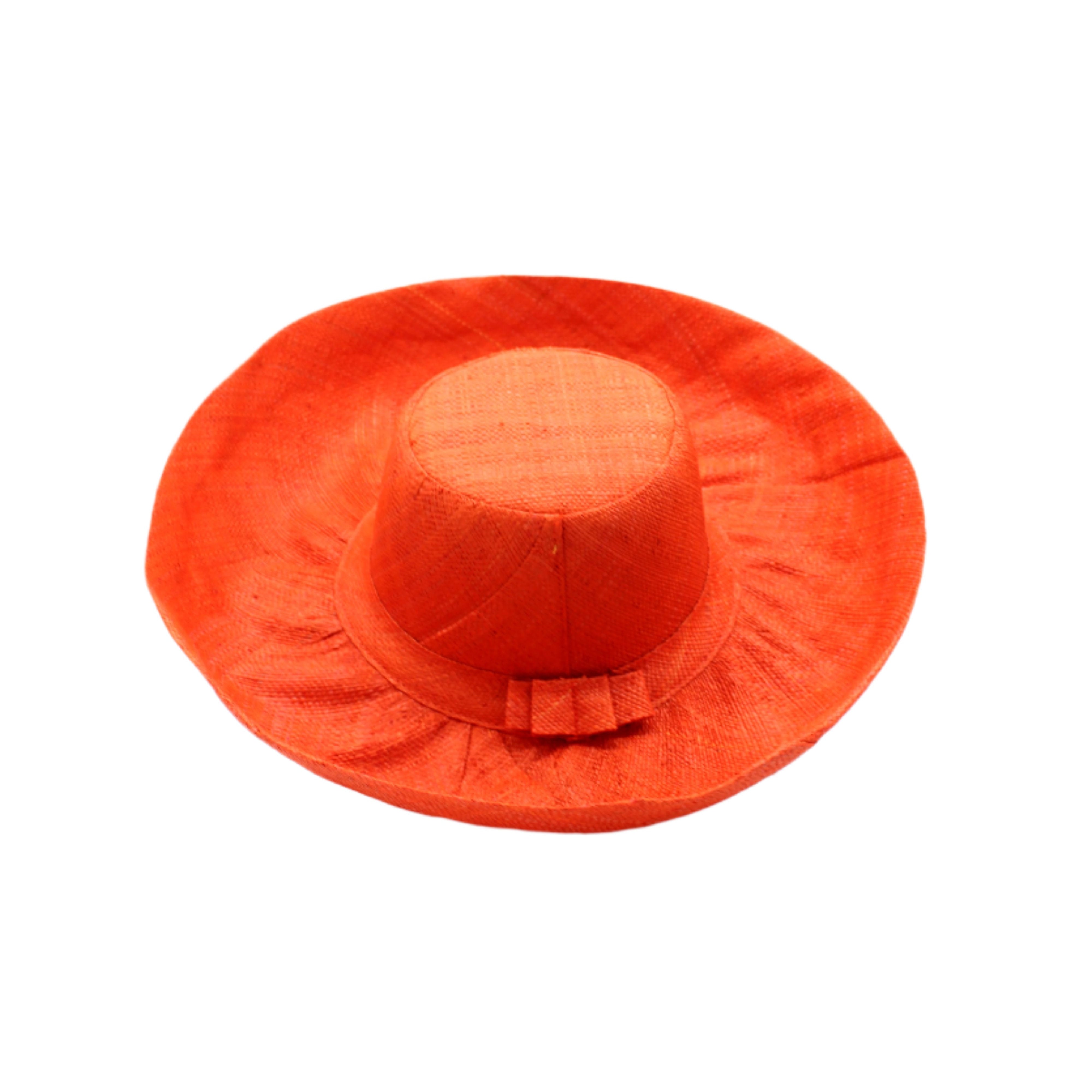 Monica 5" & 7" Wide Brim Coral Solid Color Packable Straw Sun Hat handmade loomed raffia in a solid hue of coral orange/red - Shebobo