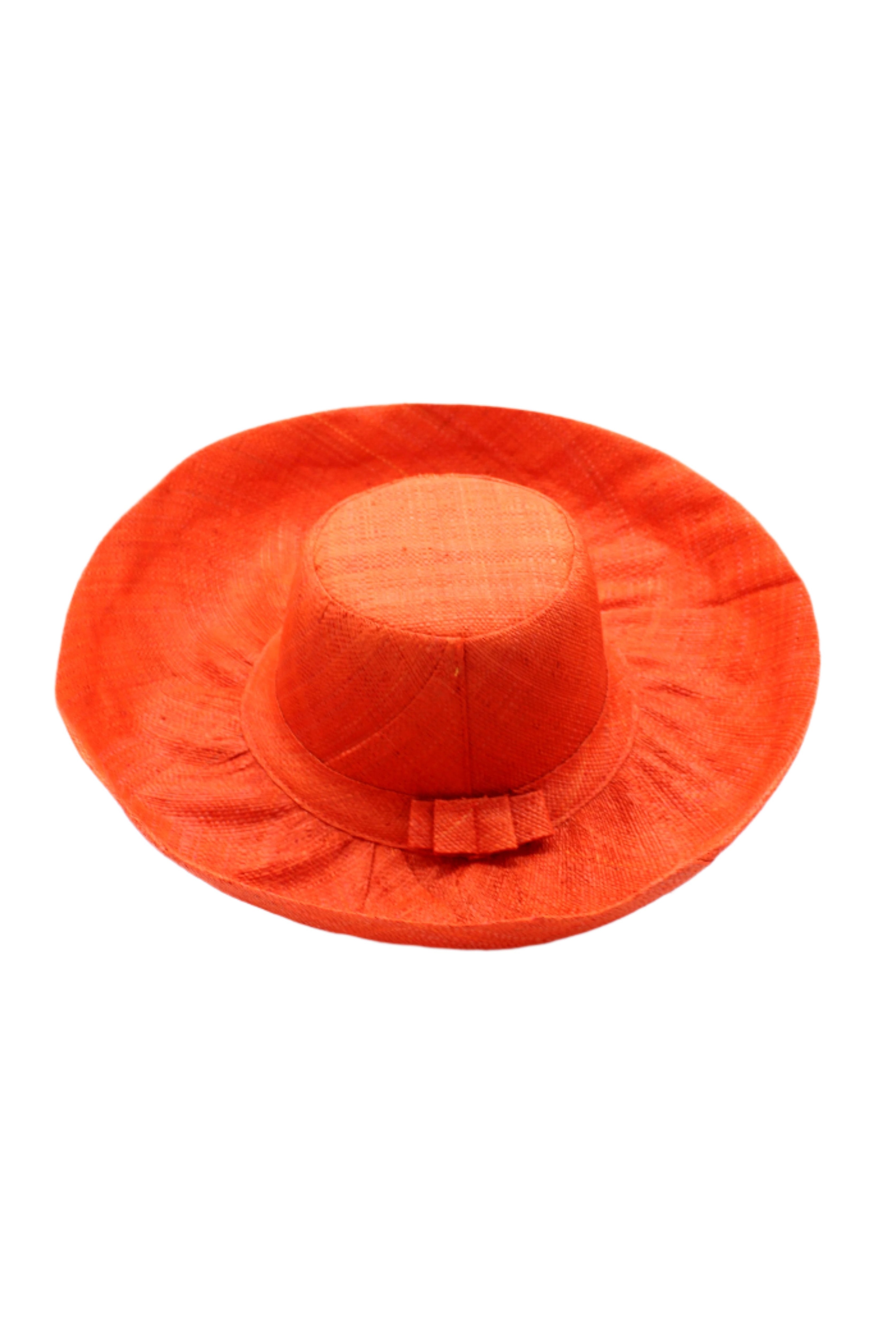 Monica 5" & 7" Wide Brim Coral Solid Color Packable Straw Sun Hat handmade loomed raffia in a solid hue of coral orange/red - Shebobo