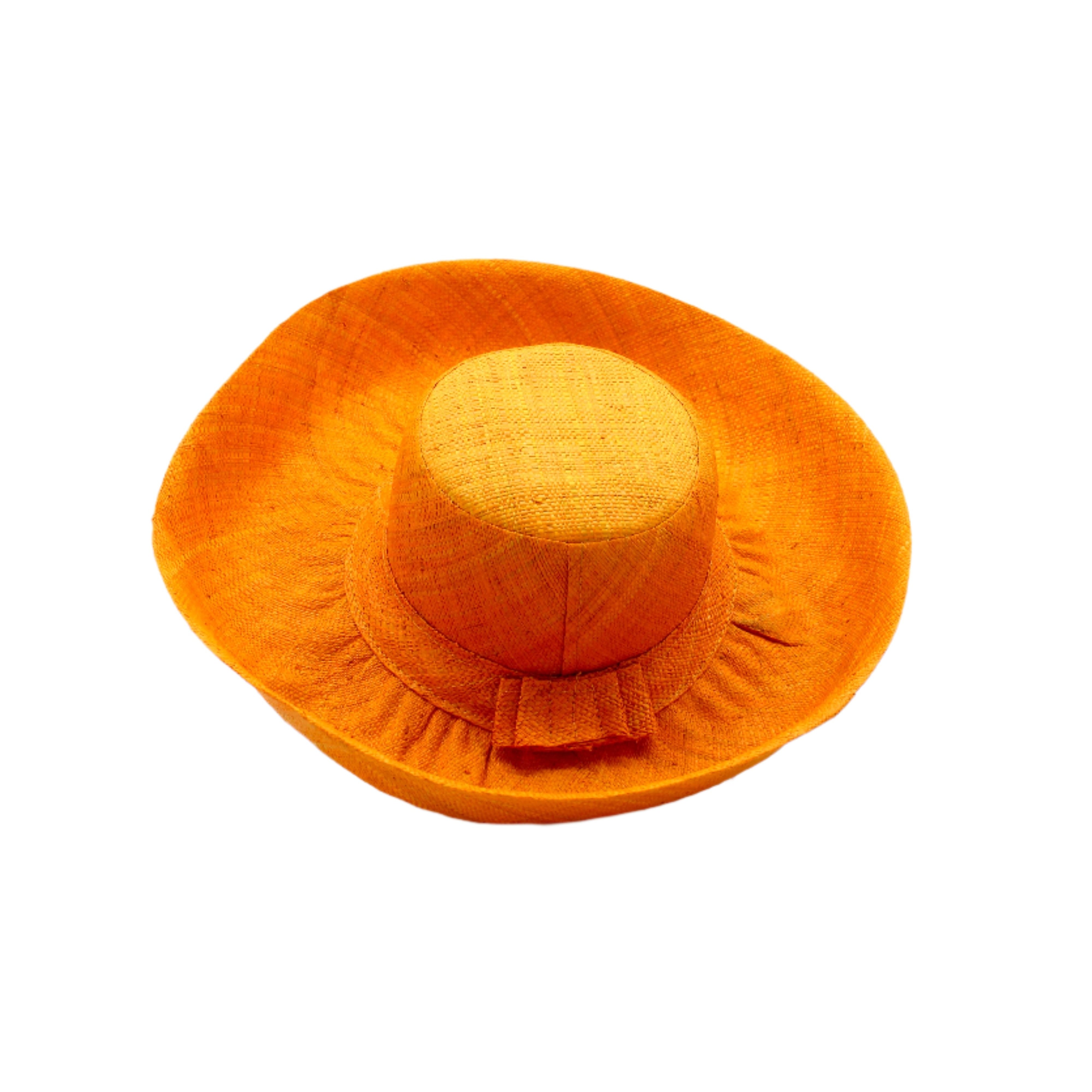 Monica 5" & 7" Wide Brim Saffron Packable Straw Sun Hat handmade loomed raffia in a solid hue of saffron yellow/orange lightweight malleable flexible hat - Shebobo