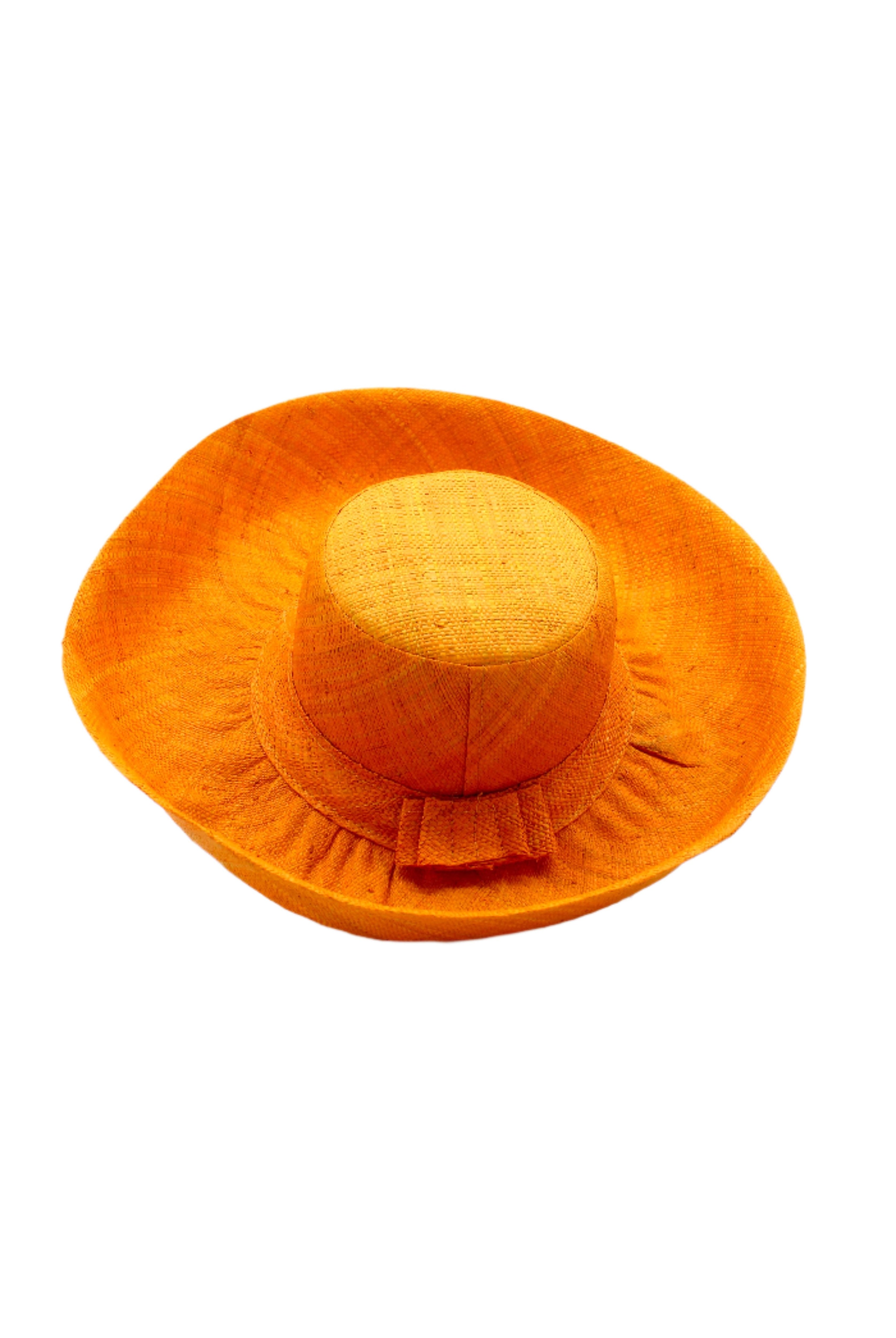 Monica 5" & 7" Wide Brim Saffron Packable Straw Sun Hat handmade loomed raffia in a solid hue of saffron yellow/orange lightweight malleable flexible hat - Shebobo