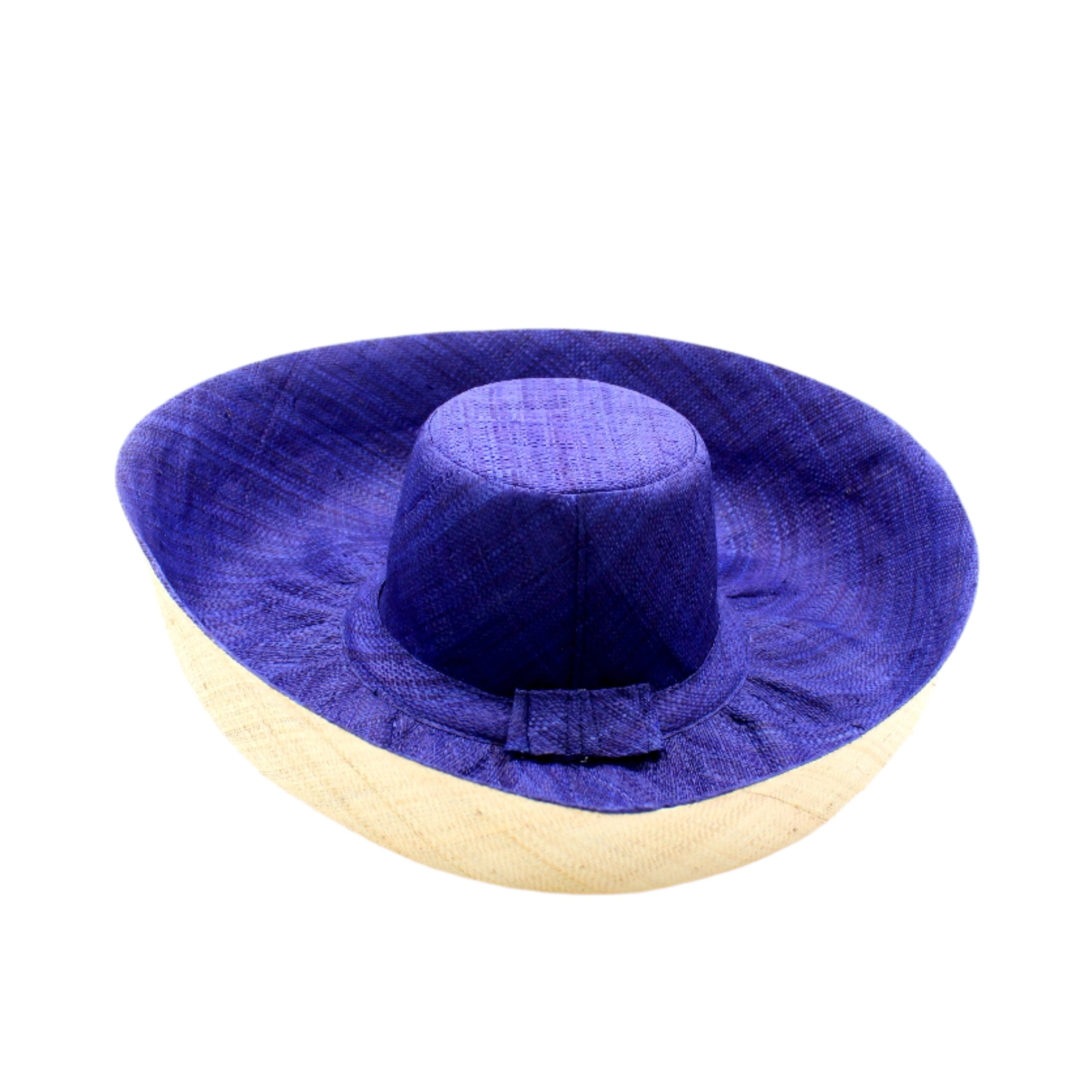 Monica 5" & 7" Brim Two Tone Blue Straw Hat handmade loomed raffia color block pattern of the top half navy blue and the bottom half natural straw color - Shebobo