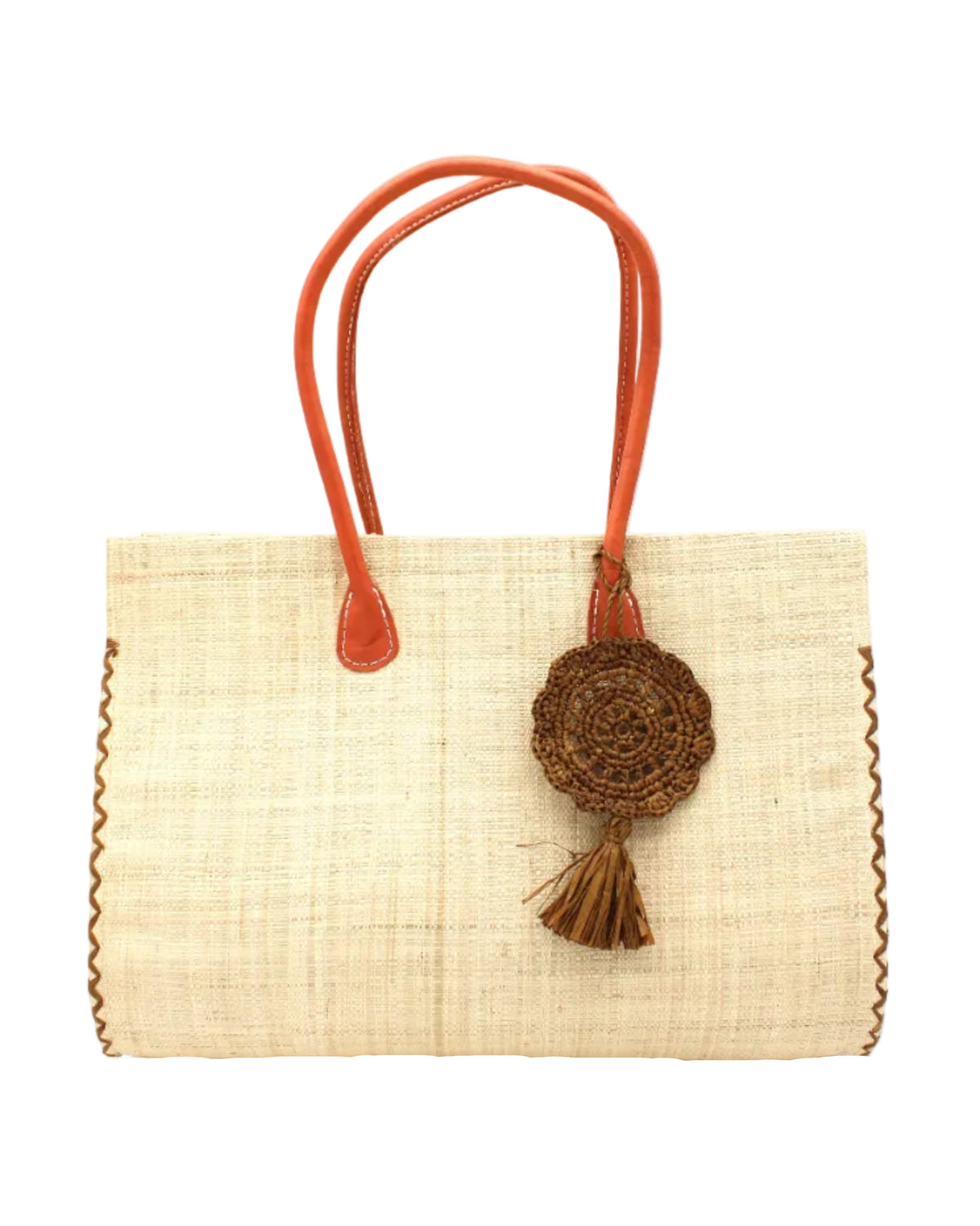 Monte Carlo Big Straw Beach Bag with Dreamcatcher Tassel Charm Embellishment handmade loomed raffia palm fiber in a solid hue of natural straw color with contrasting crosshatch stitch edging in cinnamon/tobacco/dark/brown with matching crochet dreamcatcher disc and tuft tassel charm embellishment and leather handles oversized large handbag shoulder bag - Shebobo