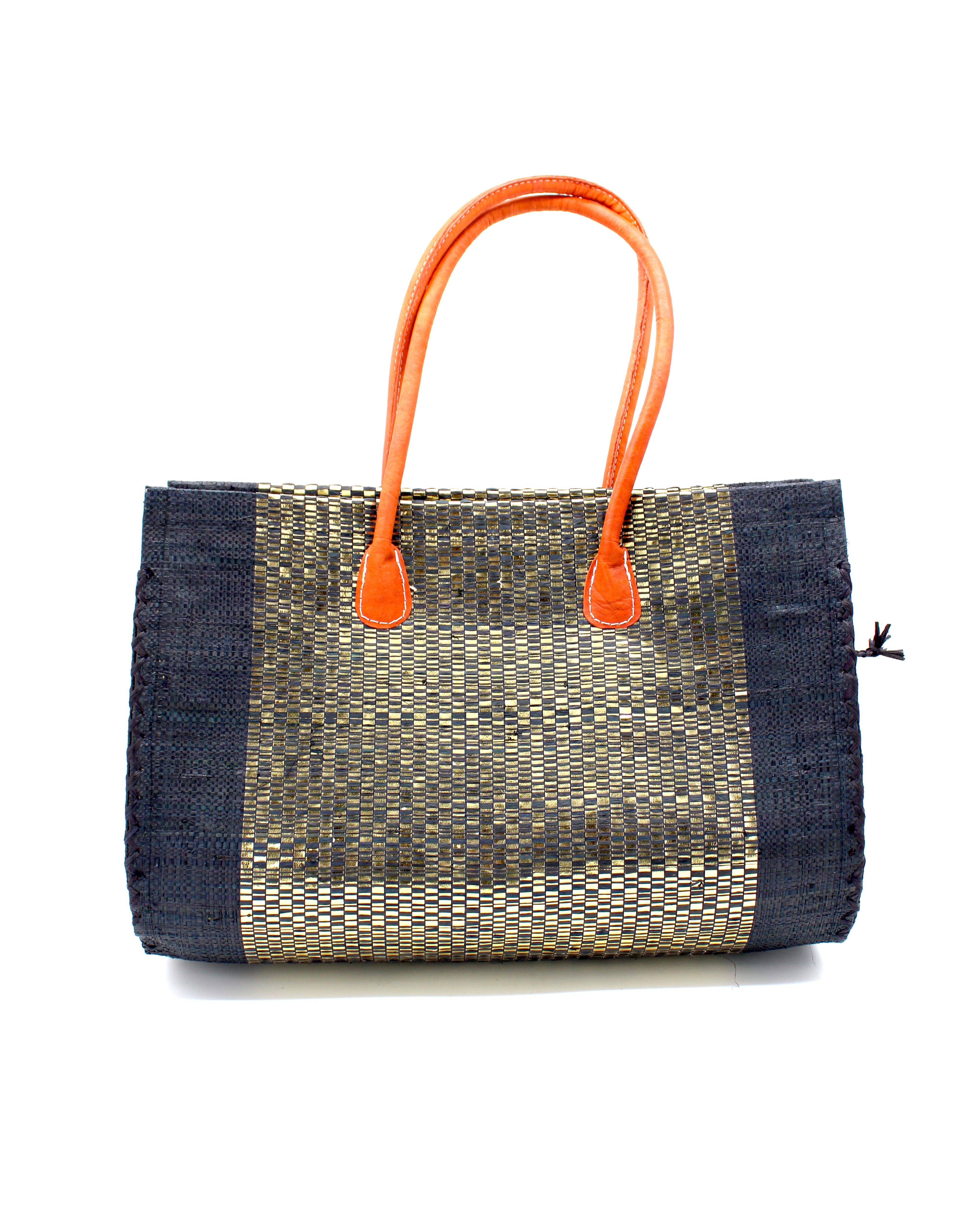 Monte Carlo Wynwood Big Straw Beach Bag with Metallic Detailing Black Shoulder Bag handmade loomed raffia palm fiber in a solid hue of black with incorporated woven in vegan leather gold metallic strands and leather handles purse - Shebobo