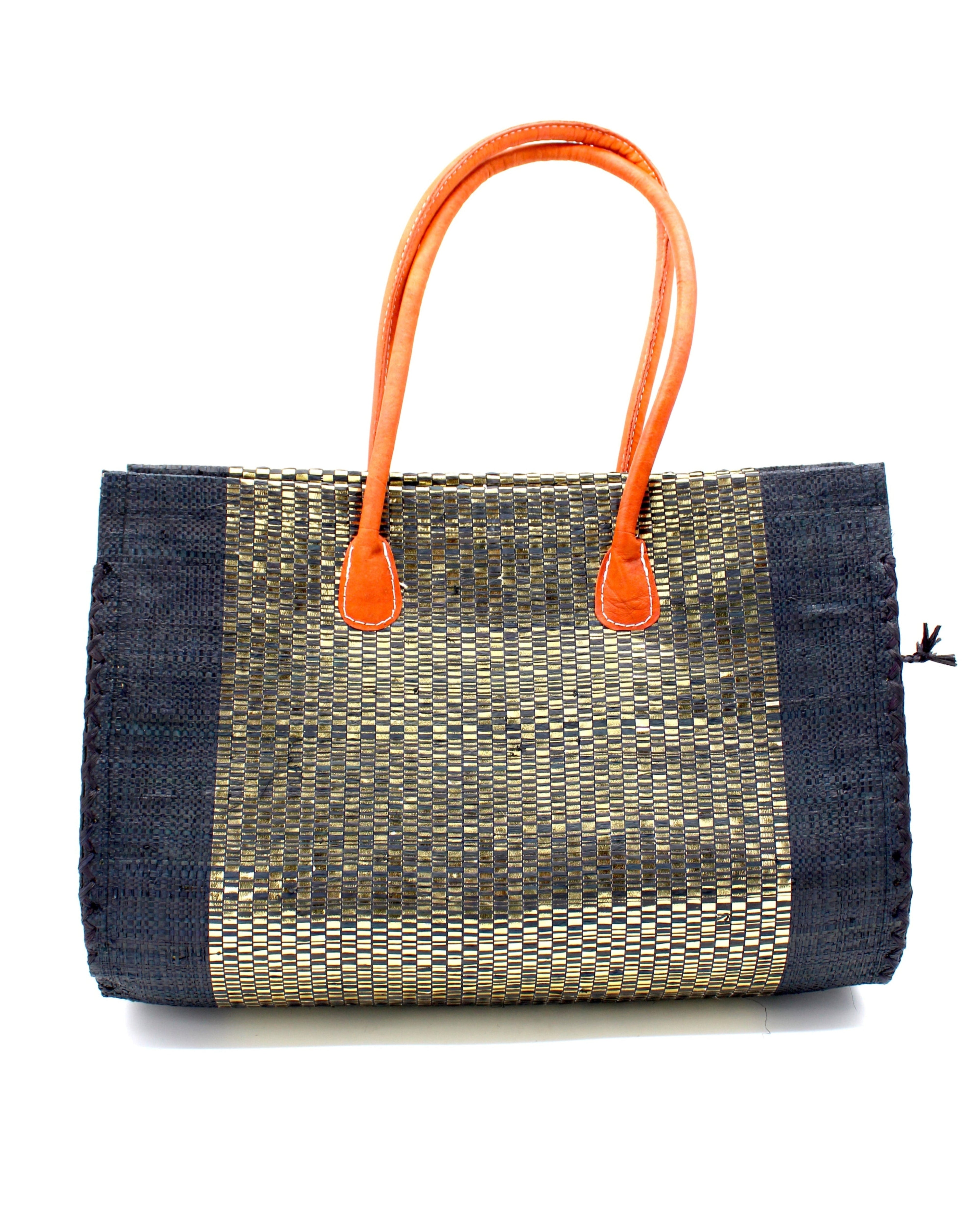 Monte Carlo Wynwood Big Straw Beach Bag with Metallic Detailing Black Shoulder Bag handmade loomed raffia palm fiber in a solid hue of black with incorporated woven in vegan leather gold metallic strands and leather handles purse - Shebobo