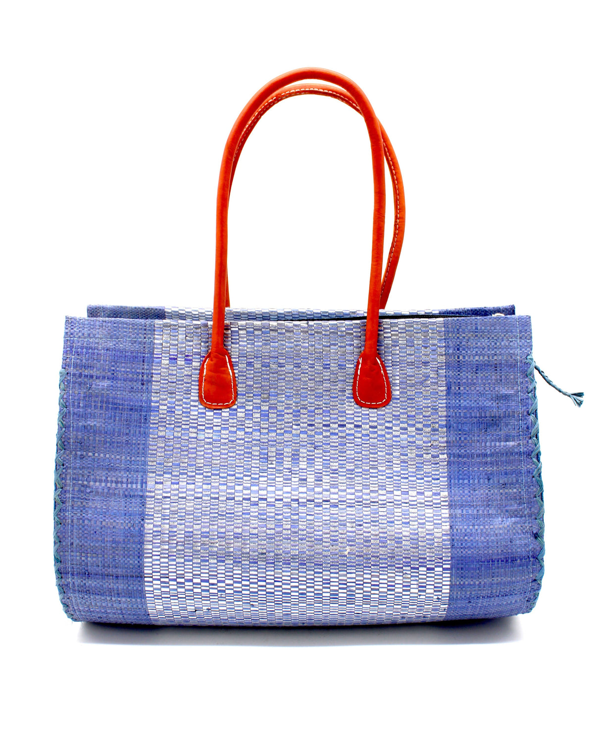 Monte Carlo Wynwood Big Straw Beach Bag with Metallic Detailing Denim Shoulder Bag handmade loomed raffia palm fiber in a solid hue of denim retro/light blue with incorporated woven in vegan leather silver metallic strands and leather handles purse - Shebobo